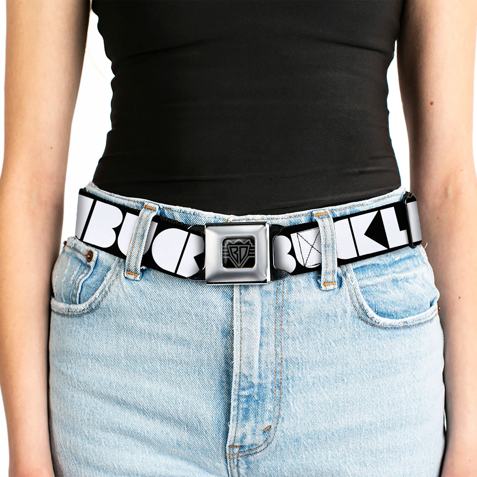 BD Wings Logo CLOSE-UP Full Color Black Silver Seatbelt Belt - BUCKLE-DOWN Shapes Black/White Webbing Seatbelt Belts Buckle-Down