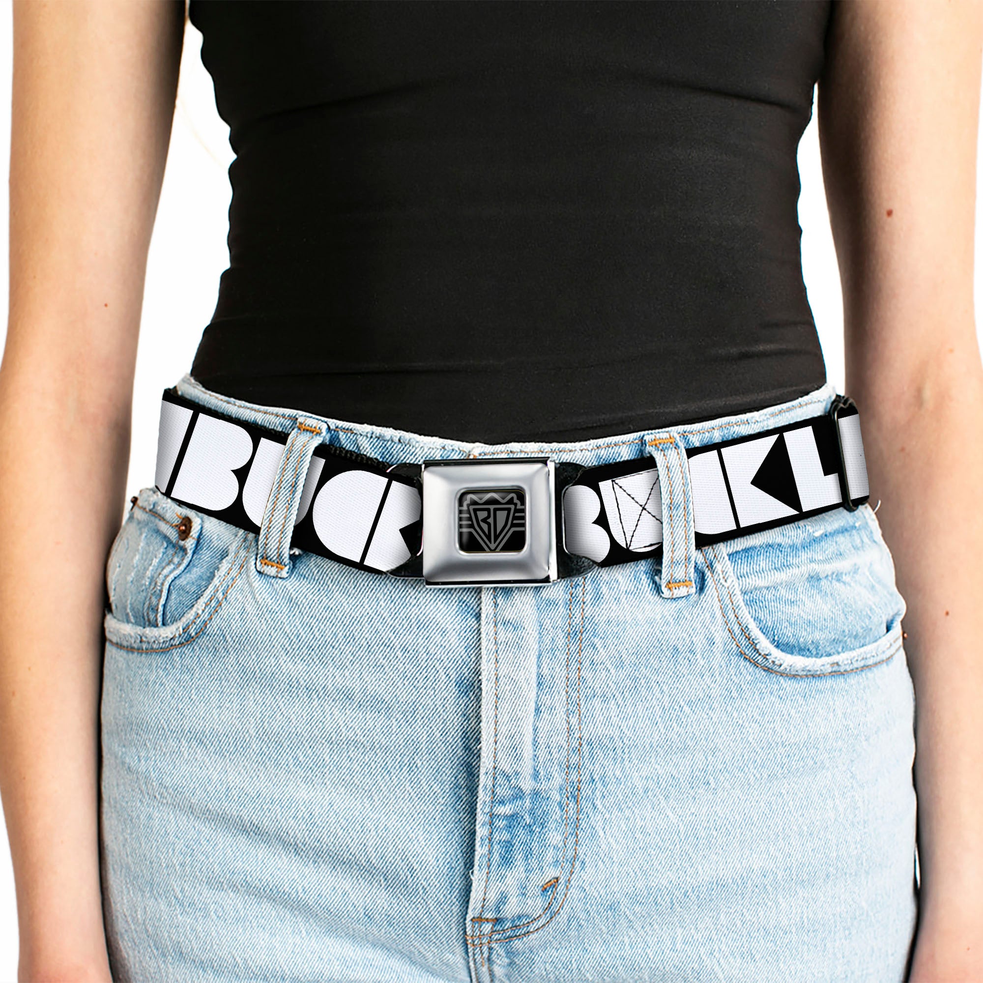BD Wings Logo CLOSE-UP Full Color Black Silver Seatbelt Belt - BUCKLE-DOWN Shapes Black/White Webbing Seatbelt Belts Buckle-Down