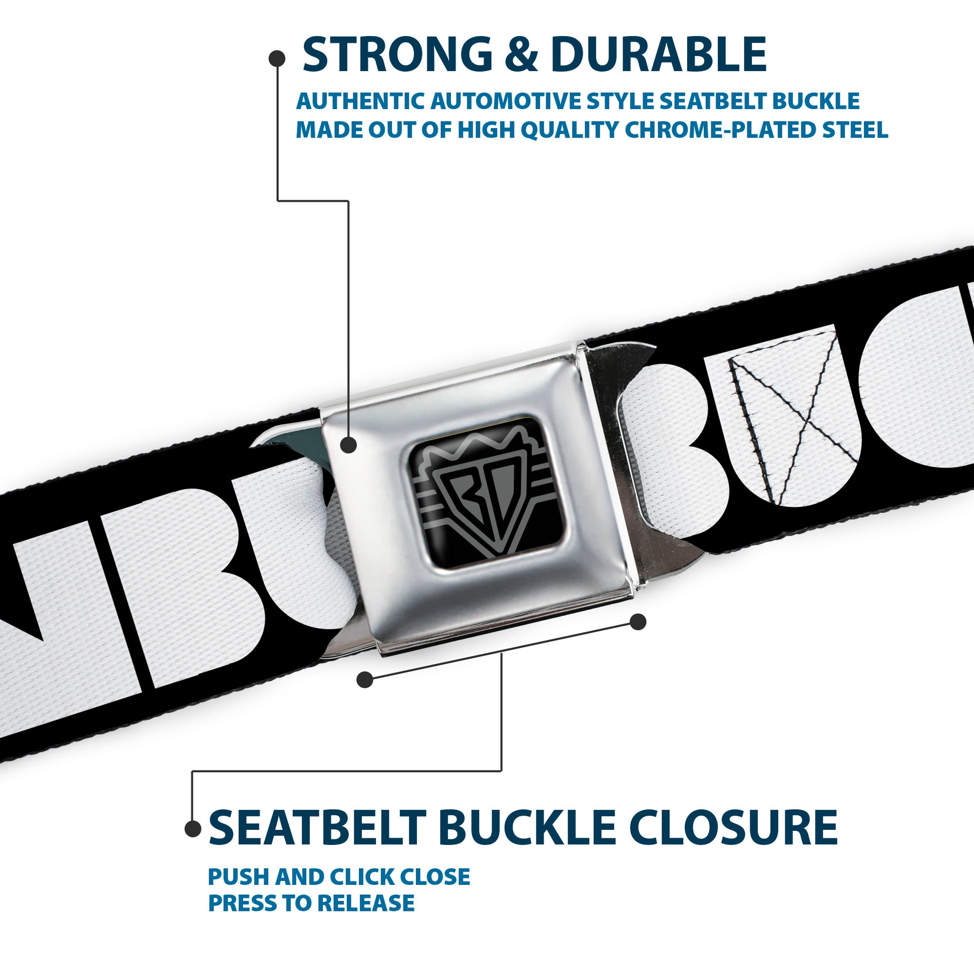 BD Wings Logo CLOSE-UP Full Color Black Silver Seatbelt Belt - BUCKLE-DOWN Shapes Black/White Webbing Seatbelt Belts Buckle-Down