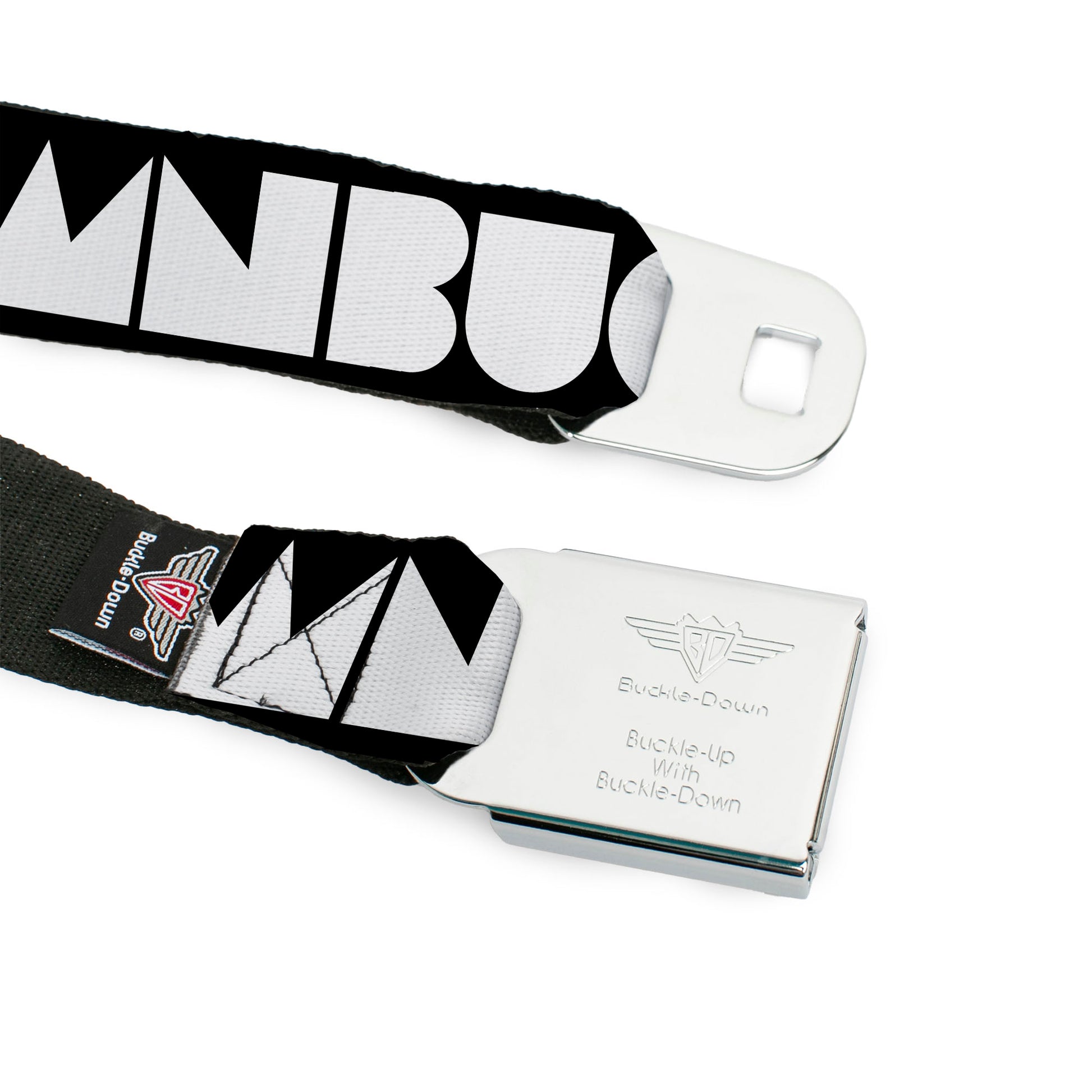 BD Wings Logo CLOSE-UP Full Color Black Silver Seatbelt Belt - BUCKLE-DOWN Shapes Black/White Webbing Seatbelt Belts Buckle-Down