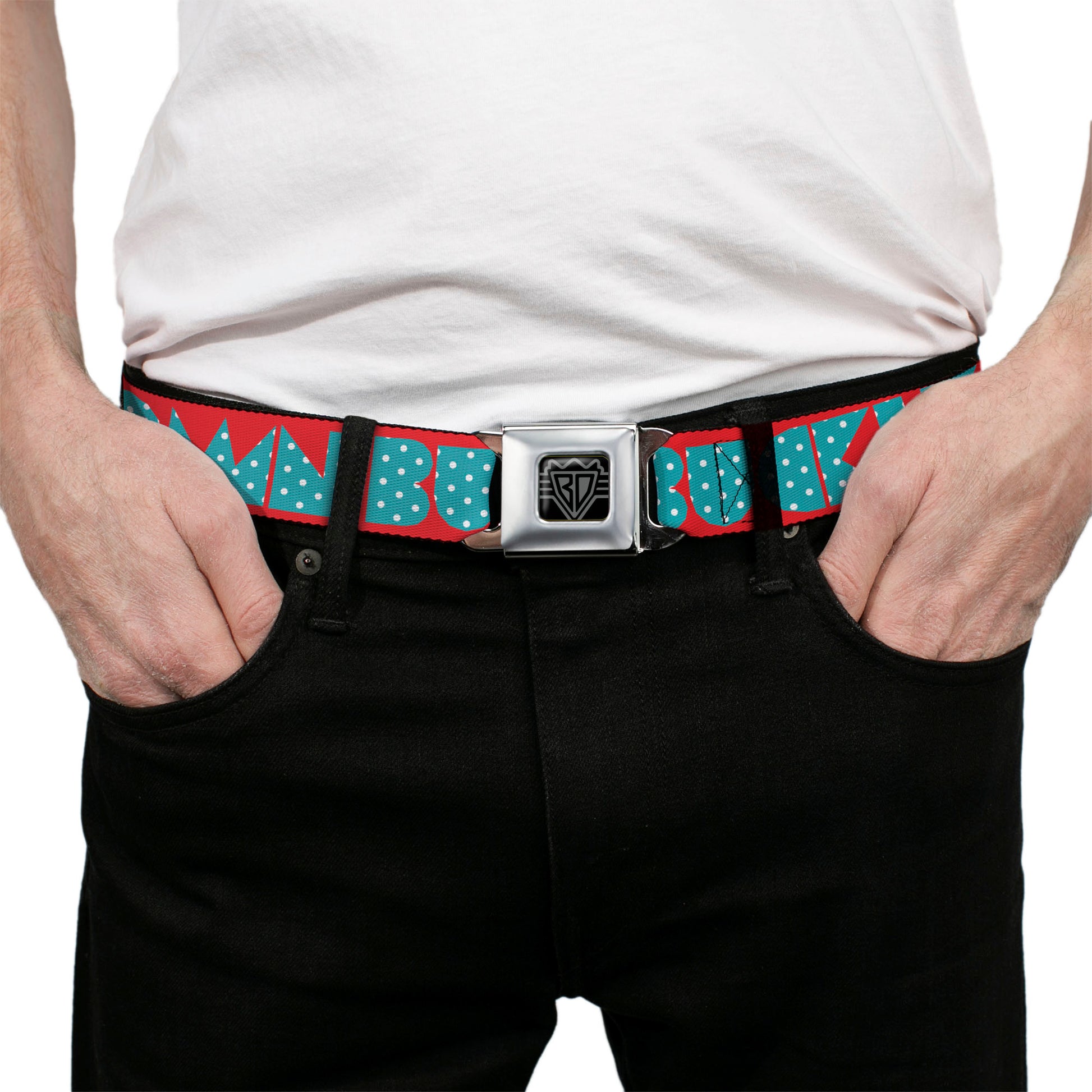 BD Wings Logo CLOSE-UP Full Color Black Silver Seatbelt Belt - BUCKLE-DOWN Shapes Red/Dot Turquoise/White Webbing Seatbelt Belts Buckle-Down