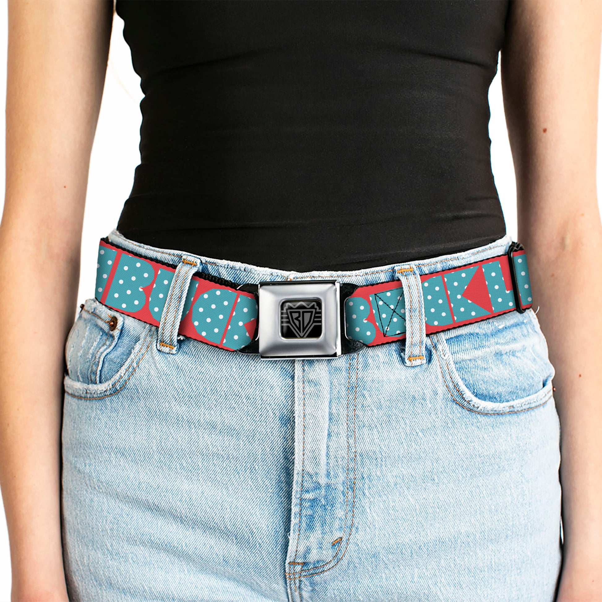 BD Wings Logo CLOSE-UP Full Color Black Silver Seatbelt Belt - BUCKLE-DOWN Shapes Red/Dot Turquoise/White Webbing Seatbelt Belts Buckle-Down
