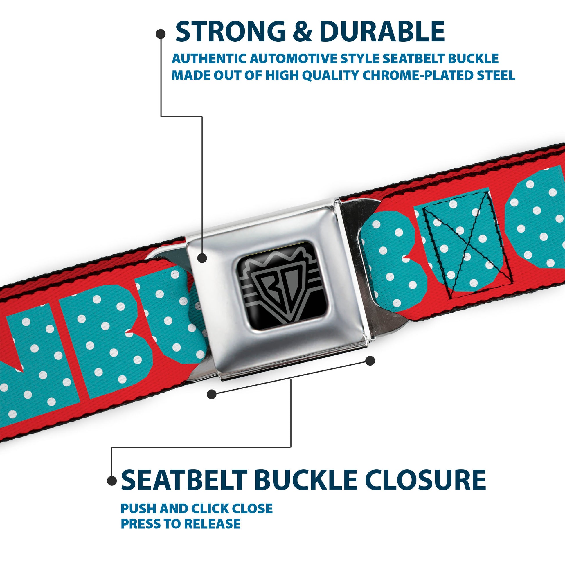 BD Wings Logo CLOSE-UP Full Color Black Silver Seatbelt Belt - BUCKLE-DOWN Shapes Red/Dot Turquoise/White Webbing Seatbelt Belts Buckle-Down