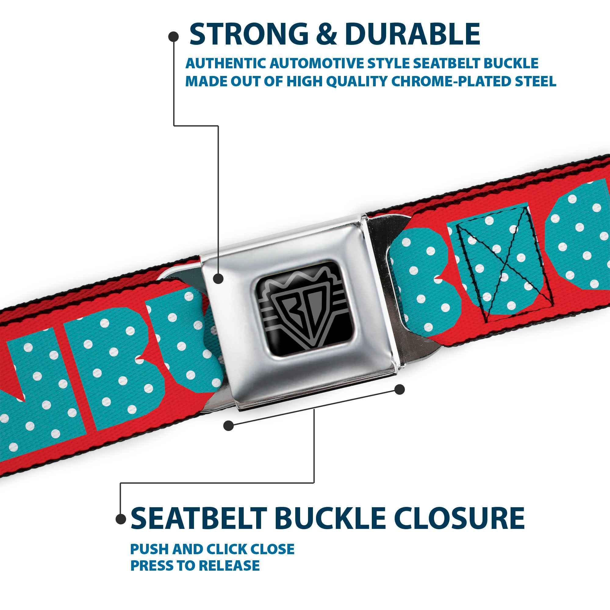 BD Wings Logo CLOSE-UP Full Color Black Silver Seatbelt Belt - BUCKLE-DOWN Shapes Red/Dot Turquoise/White Webbing Seatbelt Belts Buckle-Down