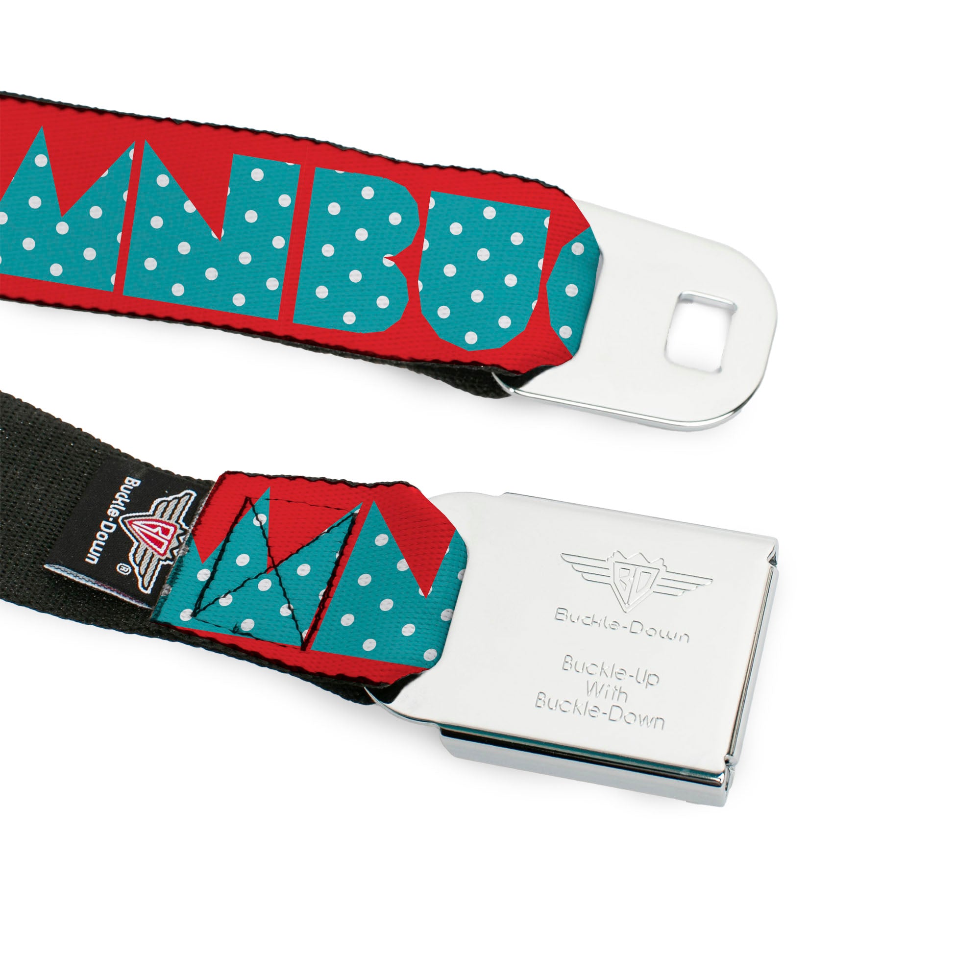BD Wings Logo CLOSE-UP Full Color Black Silver Seatbelt Belt - BUCKLE-DOWN Shapes Red/Dot Turquoise/White Webbing Seatbelt Belts Buckle-Down