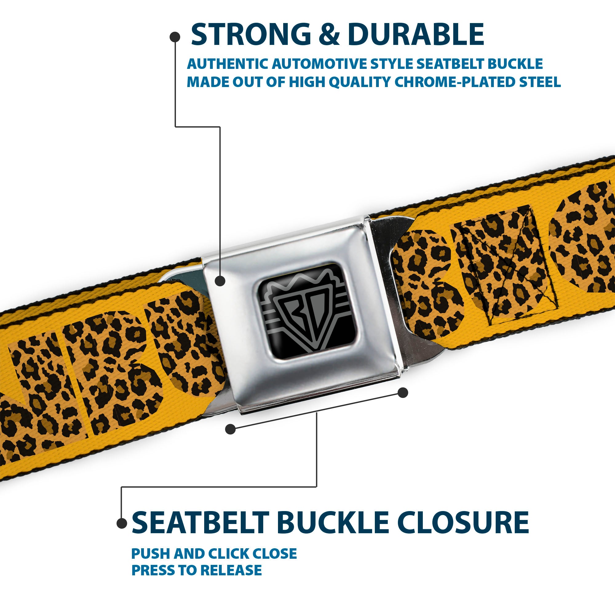 BD Wings Logo CLOSE-UP Full Color Black Silver Seatbelt Belt - BUCKLE-DOWN Shapes Gold/Leopard Brown Webbing Seatbelt Belts Buckle-Down