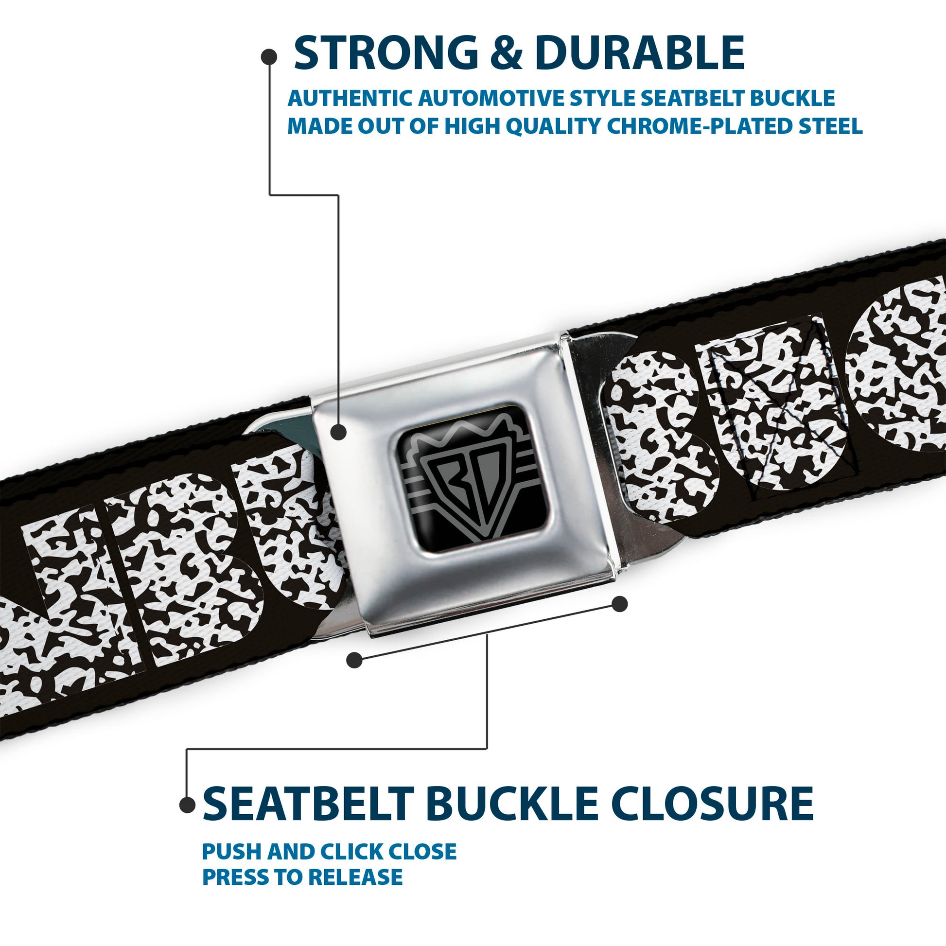 BD Wings Logo CLOSE-UP Full Color Black Silver Seatbelt Belt - BUCKLE-DOWN Shapes Black/Camo White/Black Webbing Seatbelt Belts Buckle-Down