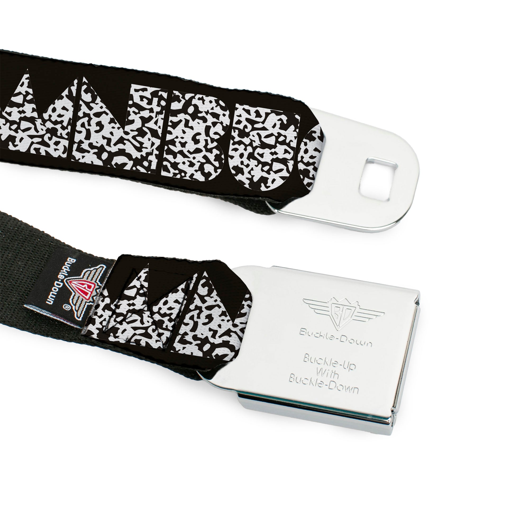 BD Wings Logo CLOSE-UP Full Color Black Silver Seatbelt Belt - BUCKLE-DOWN Shapes Black/Camo White/Black Webbing Seatbelt Belts Buckle-Down