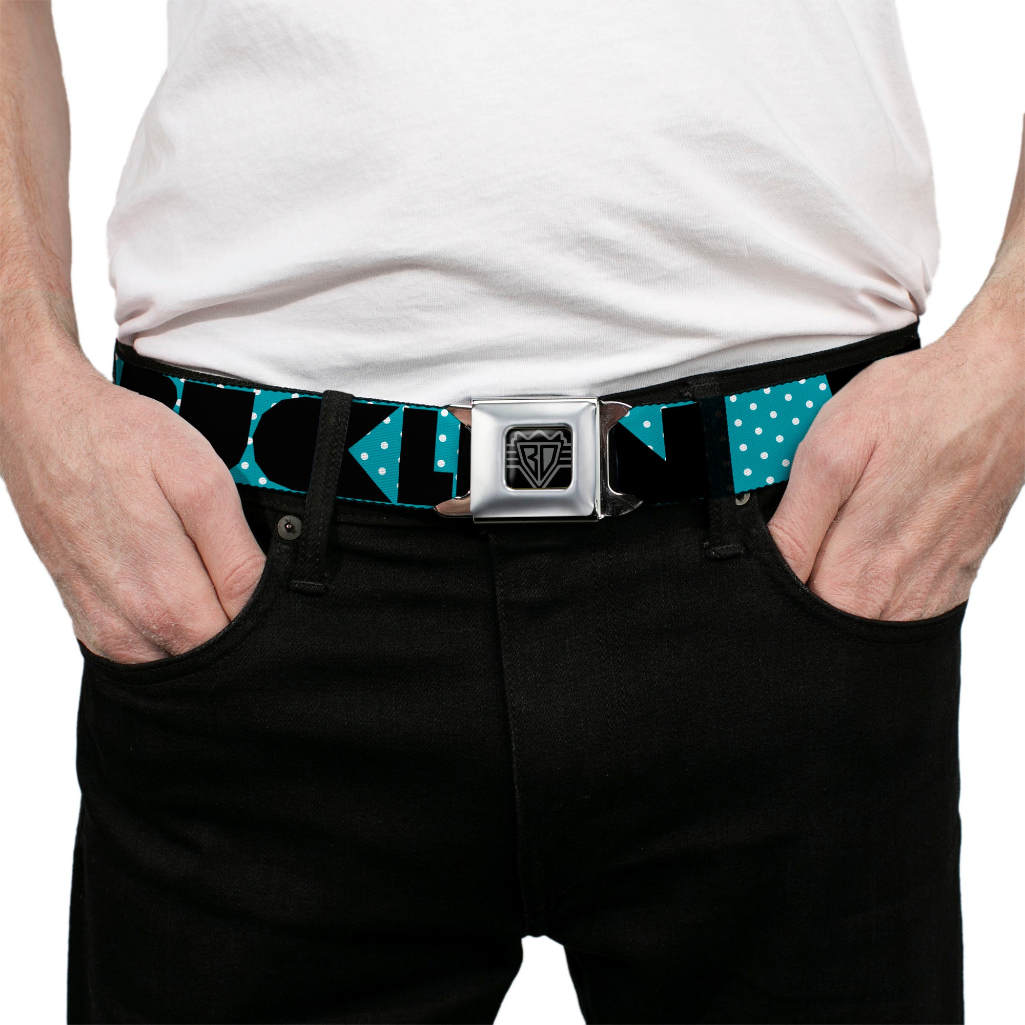 BD Wings Logo CLOSE-UP Full Color Black Silver Seatbelt Belt - BUCKLE-DOWN Shapes Dot Turquoise/White/Black Webbing Seatbelt Belts Buckle-Down
