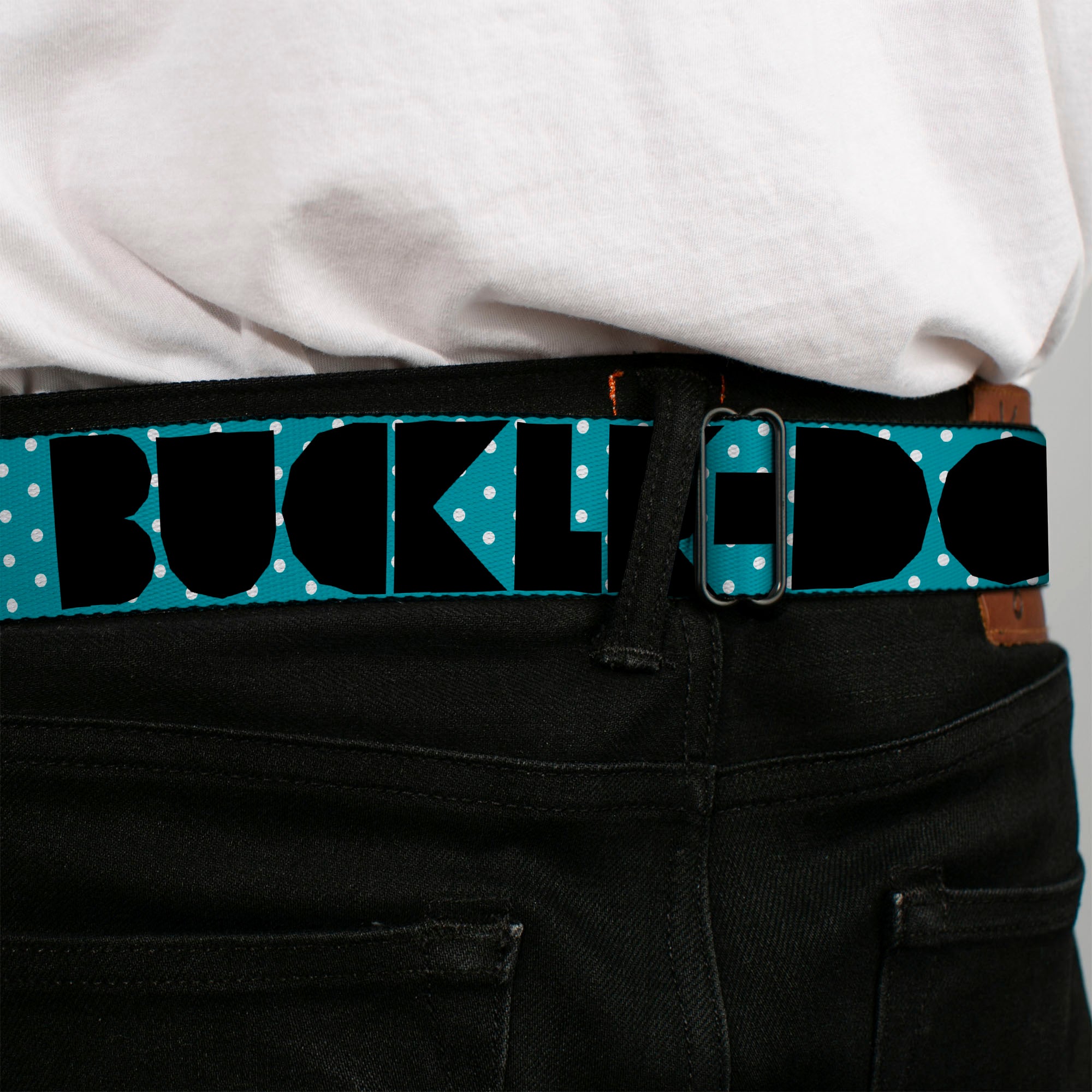BD Wings Logo CLOSE-UP Full Color Black Silver Seatbelt Belt - BUCKLE-DOWN Shapes Dot Turquoise/White/Black Webbing Seatbelt Belts Buckle-Down