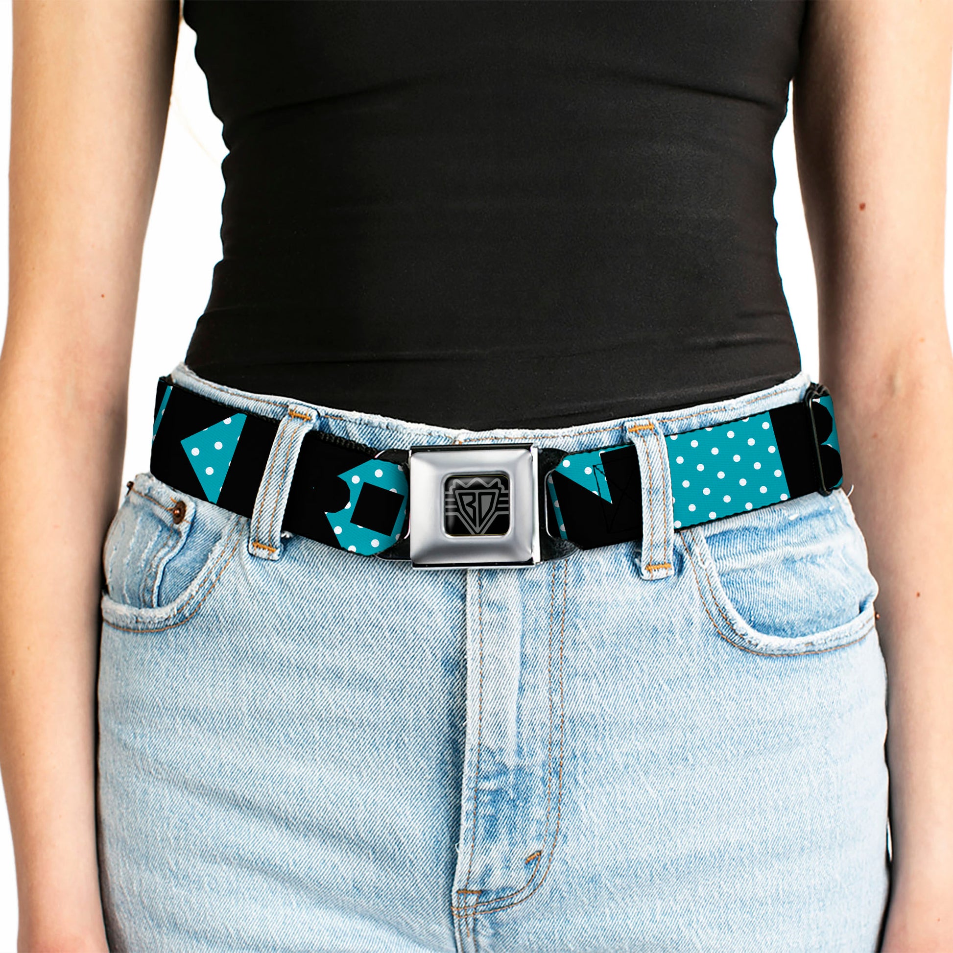 BD Wings Logo CLOSE-UP Full Color Black Silver Seatbelt Belt - BUCKLE-DOWN Shapes Dot Turquoise/White/Black Webbing Seatbelt Belts Buckle-Down