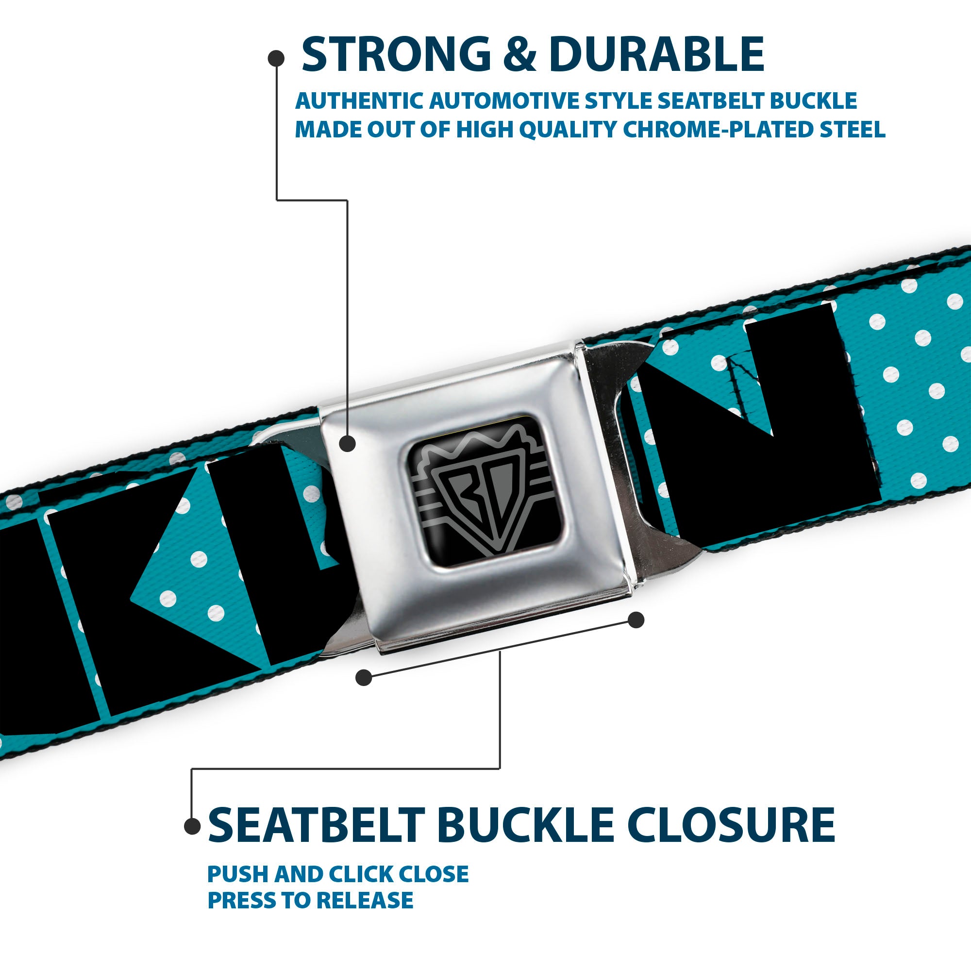 BD Wings Logo CLOSE-UP Full Color Black Silver Seatbelt Belt - BUCKLE-DOWN Shapes Dot Turquoise/White/Black Webbing Seatbelt Belts Buckle-Down