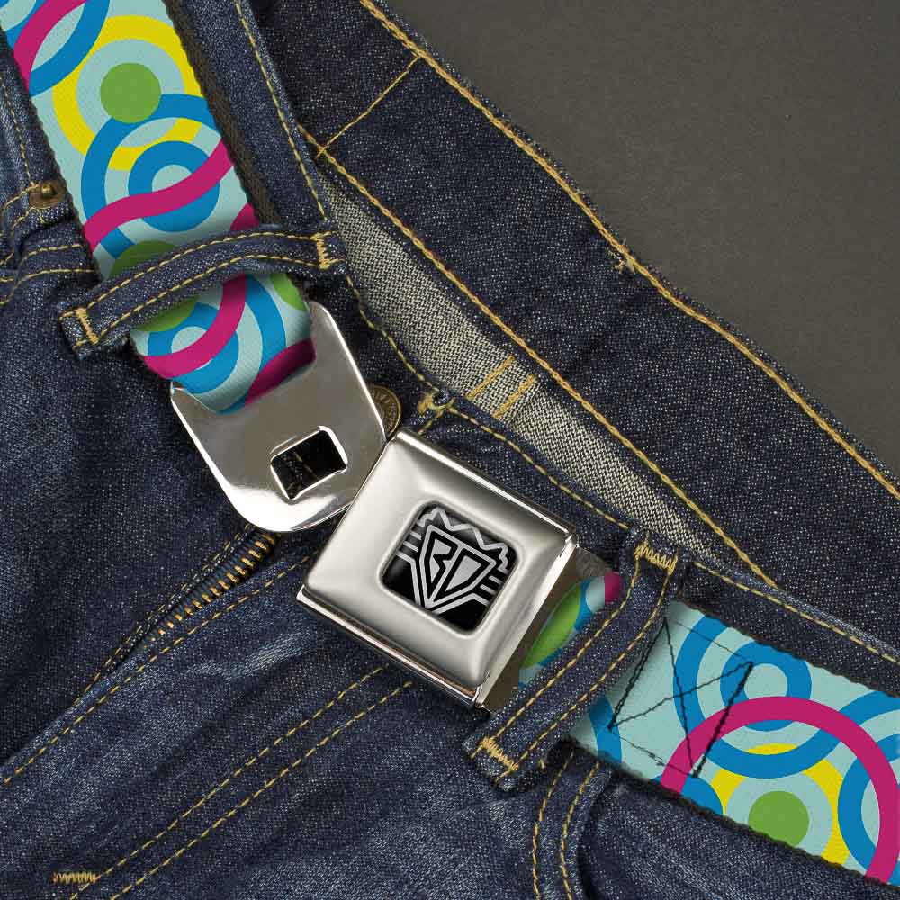 BD Wings Logo CLOSE-UP Full Color Black Silver Seatbelt Belt - Bullseye Stacked Swirl Blues/Green/Yellow/Pink Webbing Seatbelt Belts Buckle-Down