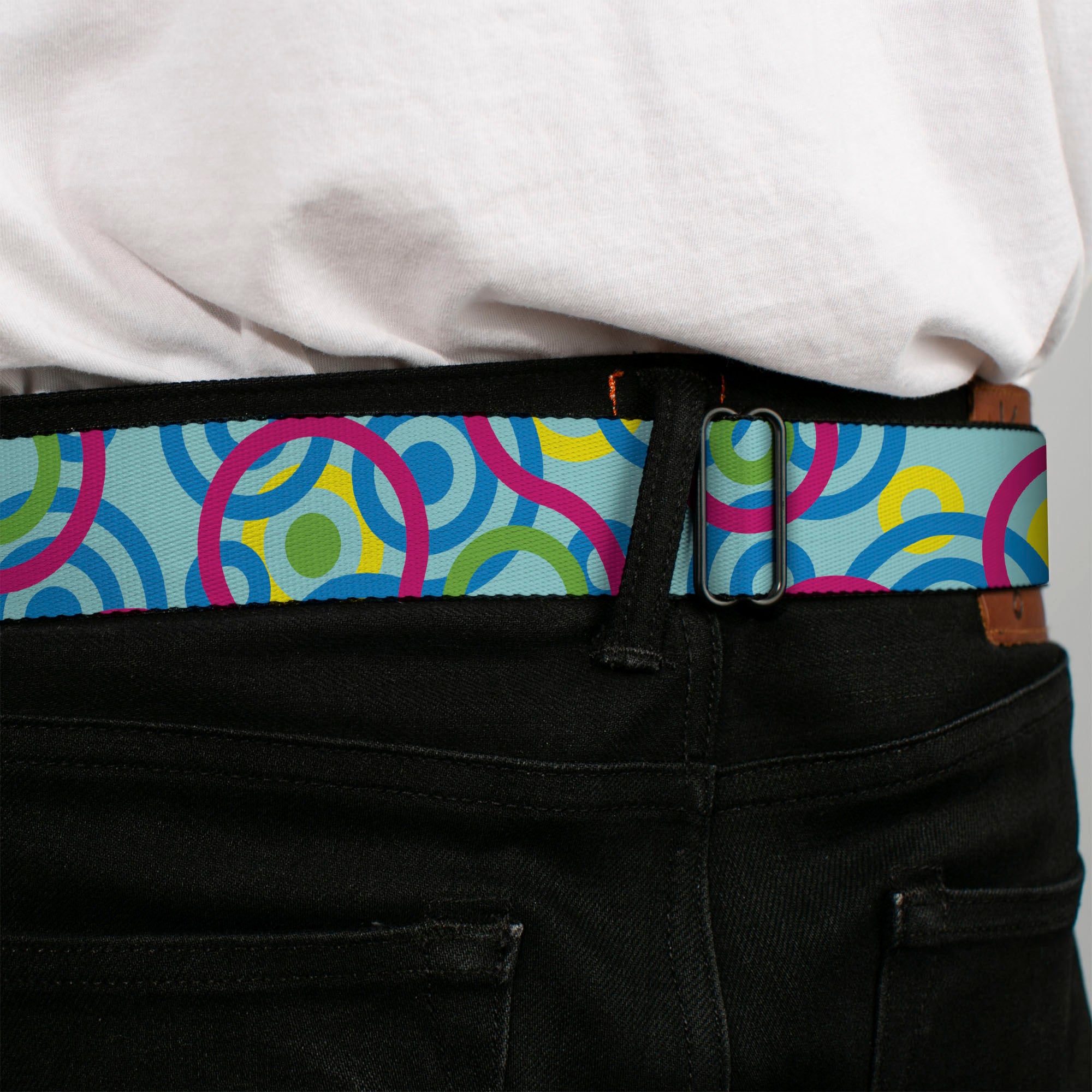 BD Wings Logo CLOSE-UP Full Color Black Silver Seatbelt Belt - Bullseye Stacked Swirl Blues/Green/Yellow/Pink Webbing Seatbelt Belts Buckle-Down