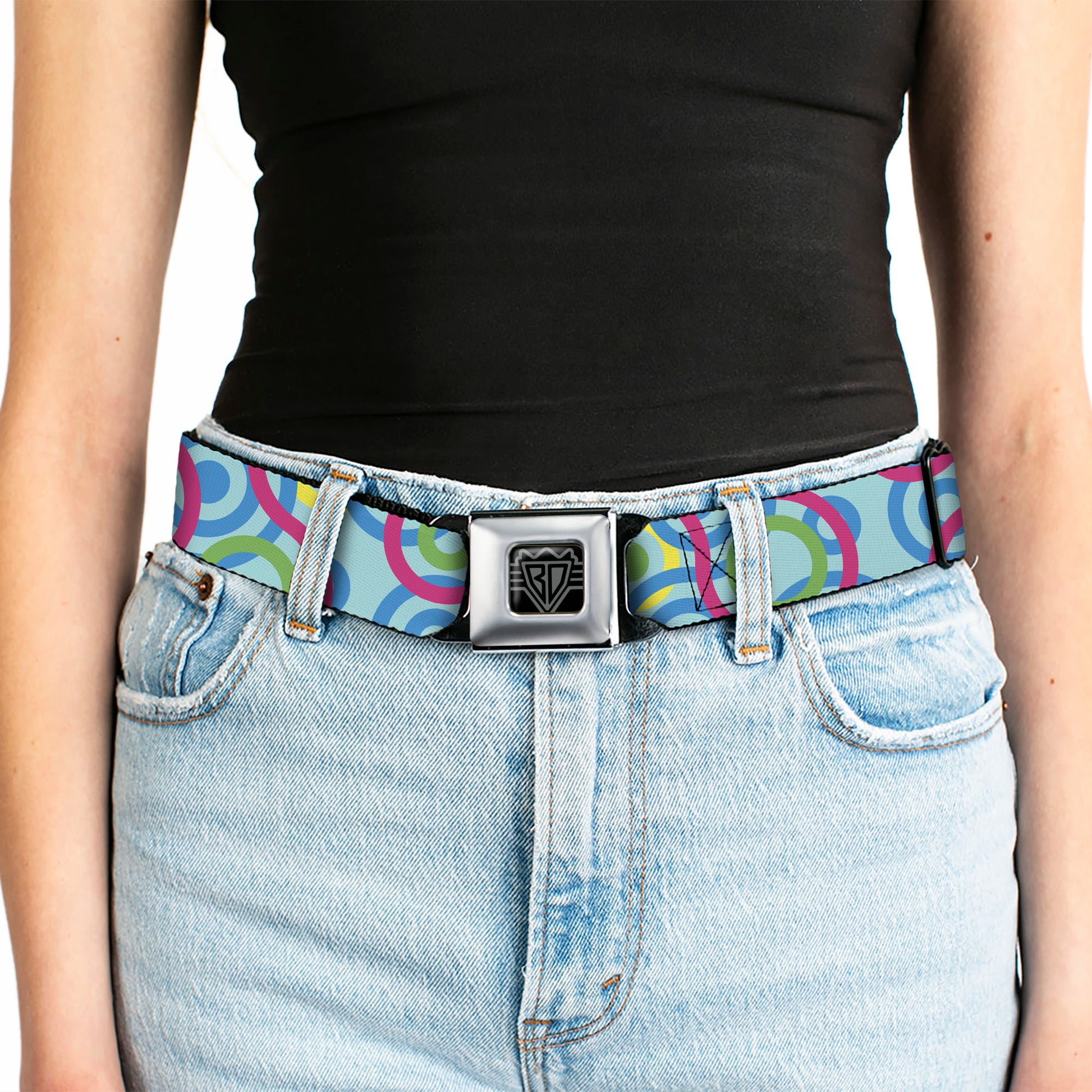 BD Wings Logo CLOSE-UP Full Color Black Silver Seatbelt Belt - Bullseye Stacked Swirl Blues/Green/Yellow/Pink Webbing Seatbelt Belts Buckle-Down