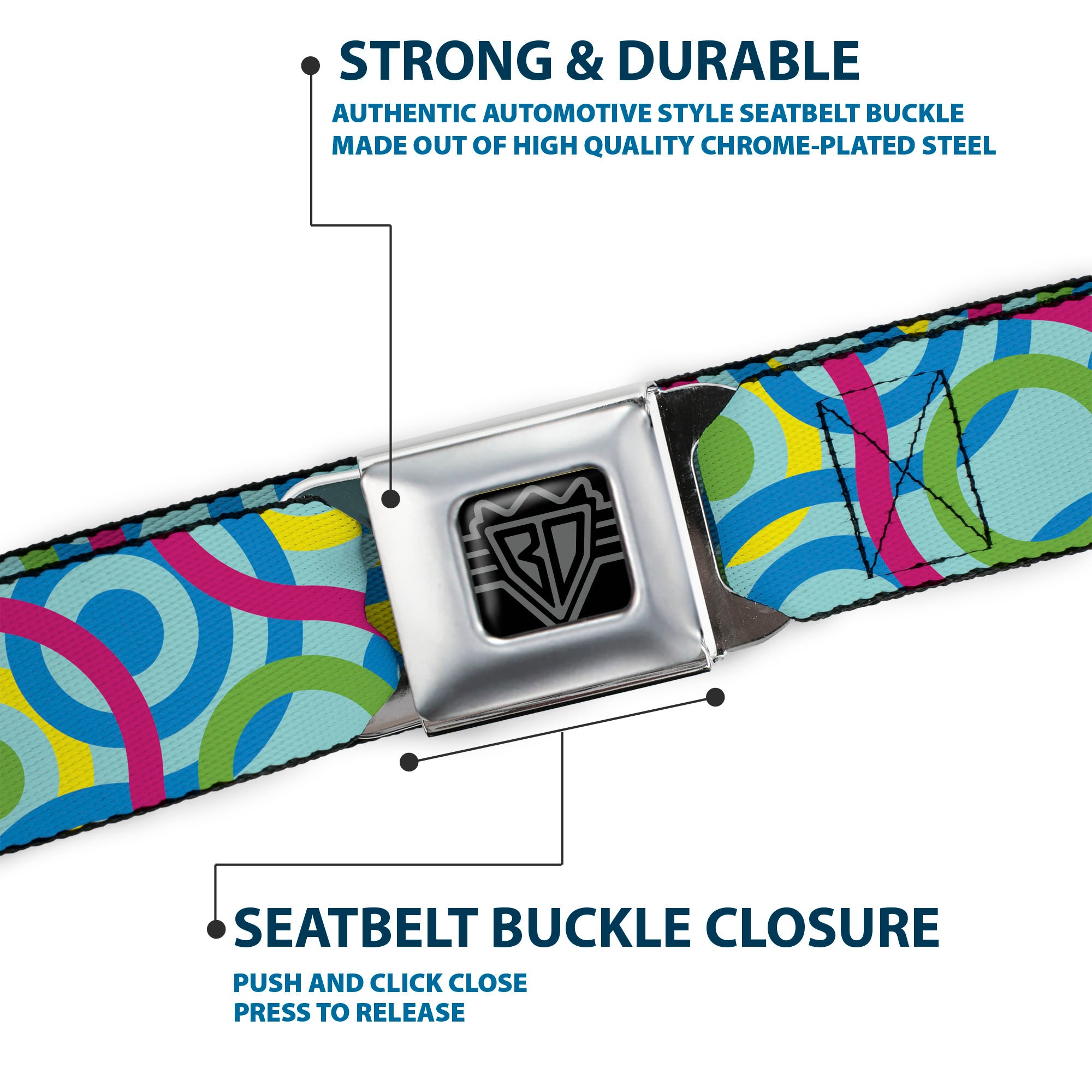 BD Wings Logo CLOSE-UP Full Color Black Silver Seatbelt Belt - Bullseye Stacked Swirl Blues/Green/Yellow/Pink Webbing Seatbelt Belts Buckle-Down