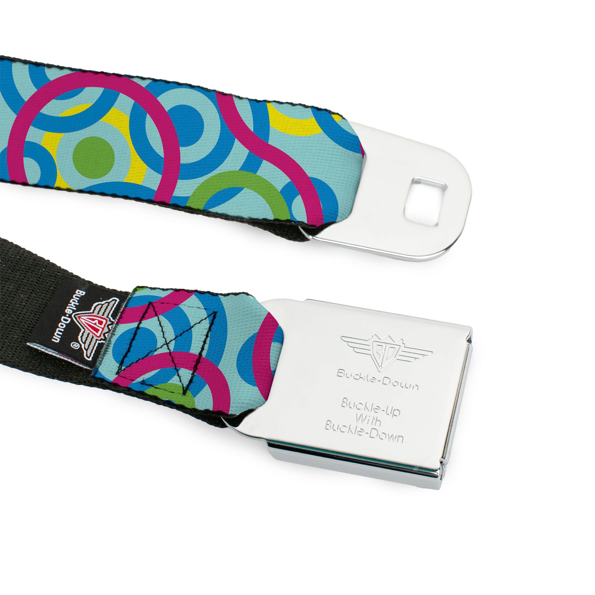 BD Wings Logo CLOSE-UP Full Color Black Silver Seatbelt Belt - Bullseye Stacked Swirl Blues/Green/Yellow/Pink Webbing Seatbelt Belts Buckle-Down