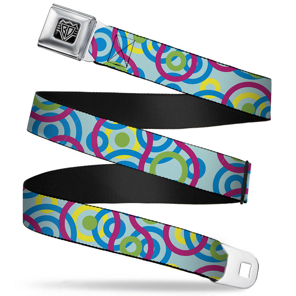 BD Wings Logo CLOSE-UP Full Color Black Silver Seatbelt Belt - Bullseye Stacked Swirl Blues/Green/Yellow/Pink Webbing Seatbelt Belts Buckle-Down