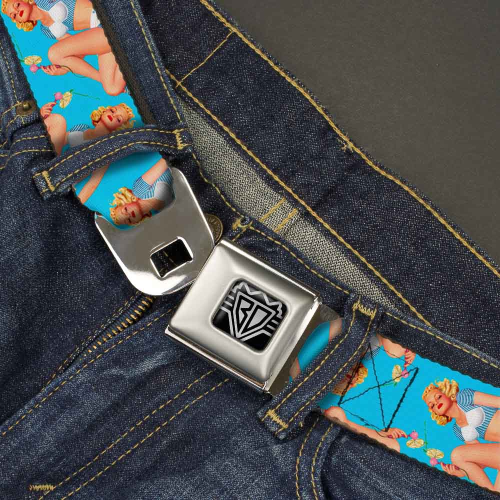 BD Wings Logo CLOSE-UP Full Color Black Silver Seatbelt Belt - Blonde Pin Up Girl Bright Blue Webbing Seatbelt Belts Buckle-Down