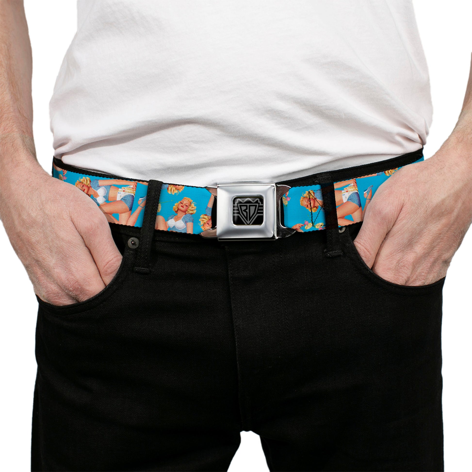 BD Wings Logo CLOSE-UP Full Color Black Silver Seatbelt Belt - Blonde Pin Up Girl Bright Blue Webbing Seatbelt Belts Buckle-Down
