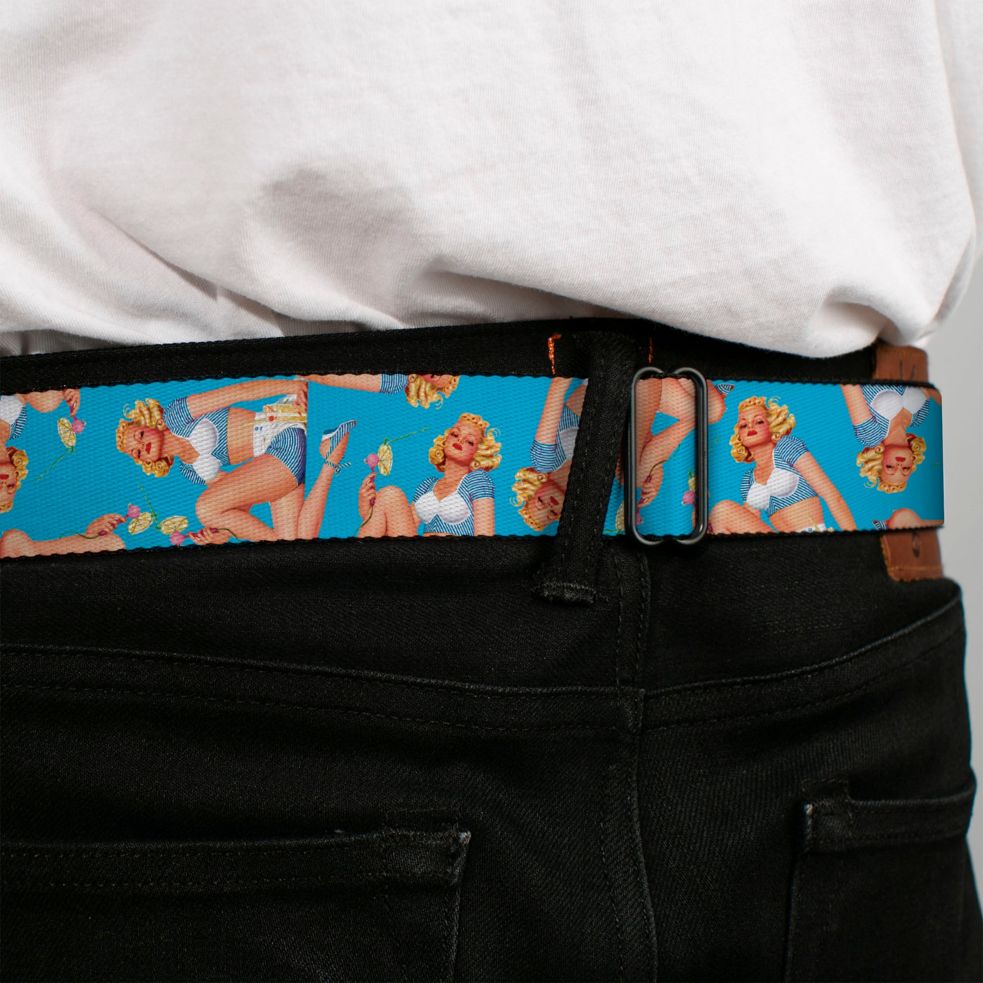 BD Wings Logo CLOSE-UP Full Color Black Silver Seatbelt Belt - Blonde Pin Up Girl Bright Blue Webbing Seatbelt Belts Buckle-Down