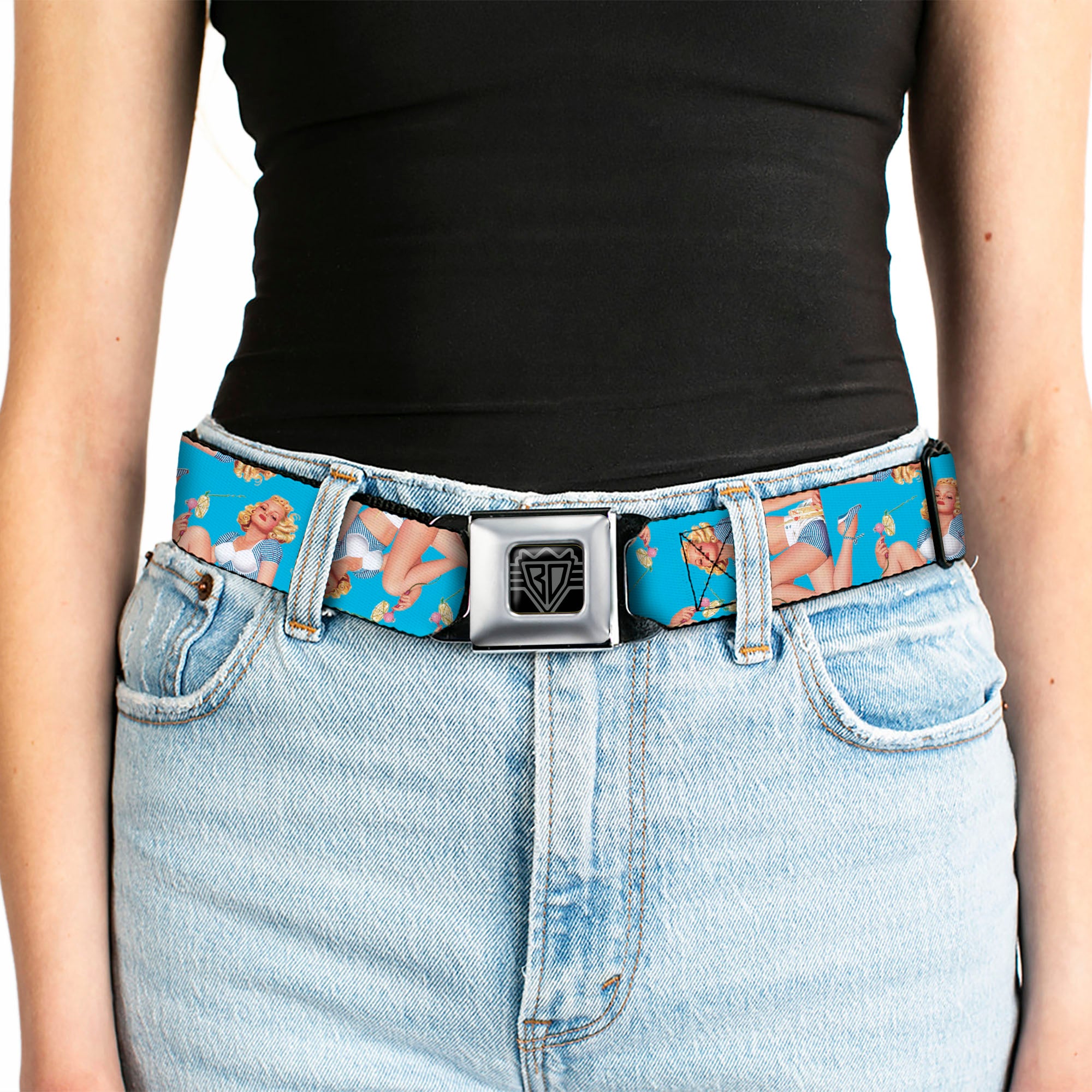 BD Wings Logo CLOSE-UP Full Color Black Silver Seatbelt Belt - Blonde Pin Up Girl Bright Blue Webbing Seatbelt Belts Buckle-Down