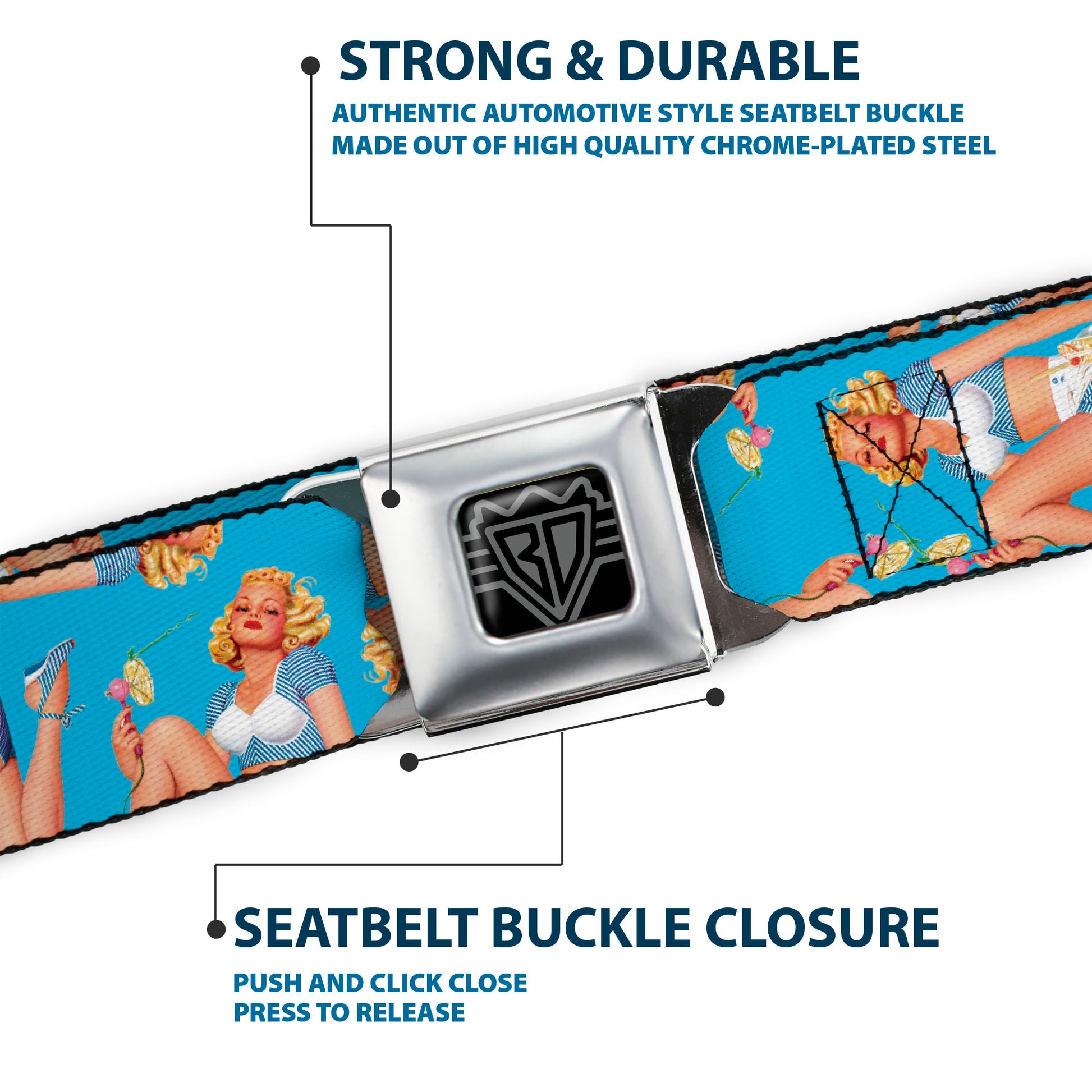 BD Wings Logo CLOSE-UP Full Color Black Silver Seatbelt Belt - Blonde Pin Up Girl Bright Blue Webbing Seatbelt Belts Buckle-Down