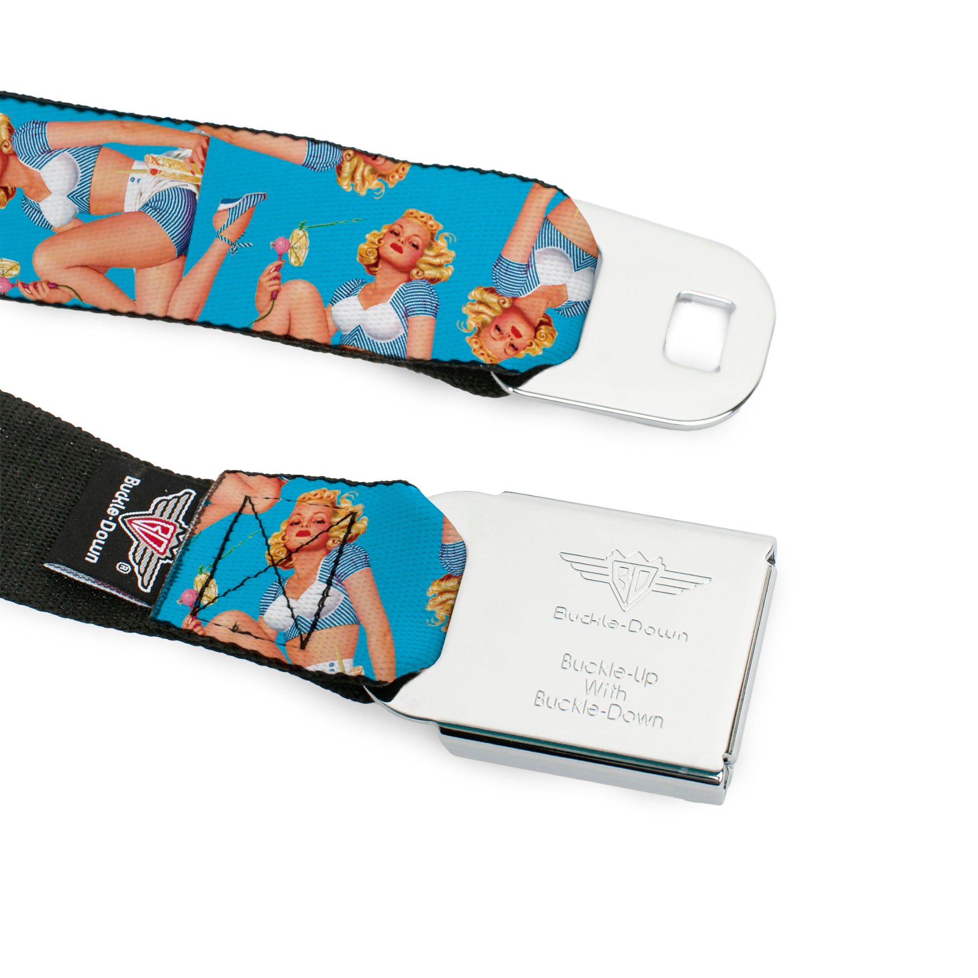 BD Wings Logo CLOSE-UP Full Color Black Silver Seatbelt Belt - Blonde Pin Up Girl Bright Blue Webbing Seatbelt Belts Buckle-Down