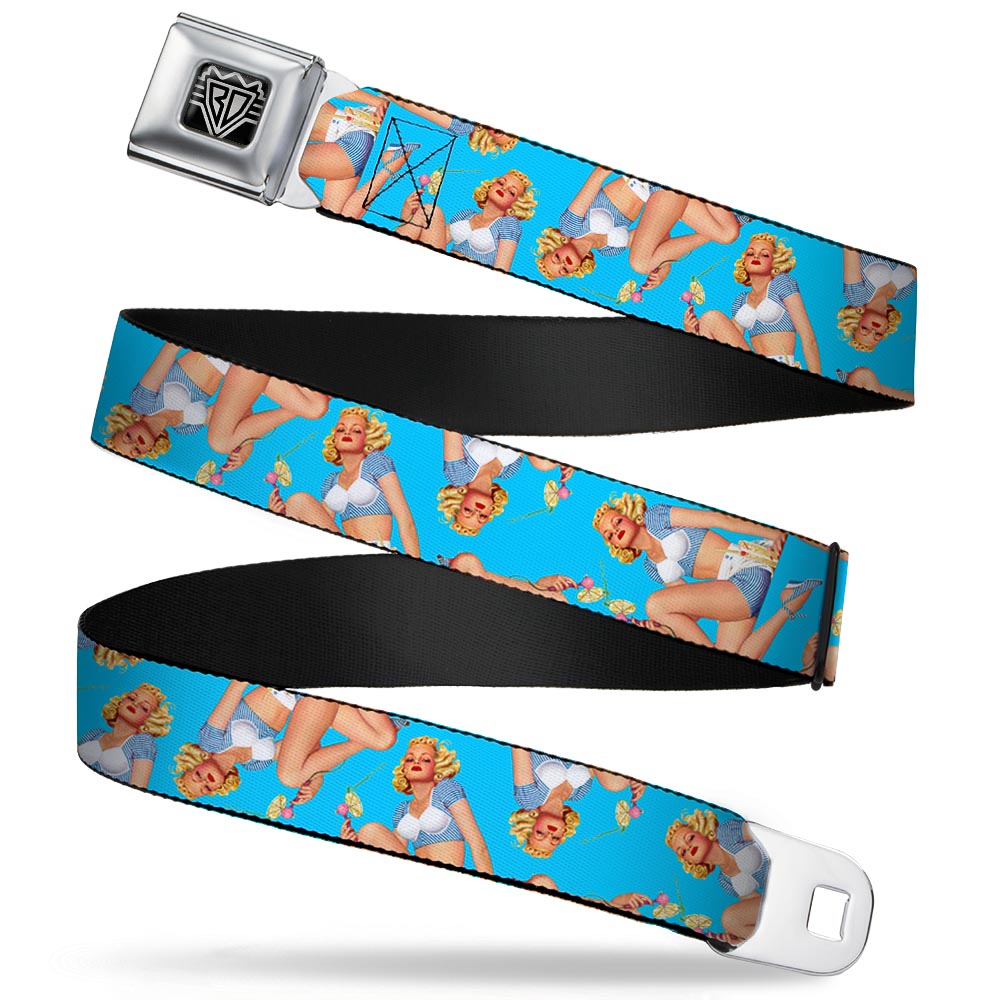BD Wings Logo CLOSE-UP Full Color Black Silver Seatbelt Belt - Blonde Pin Up Girl Bright Blue Webbing Seatbelt Belts Buckle-Down