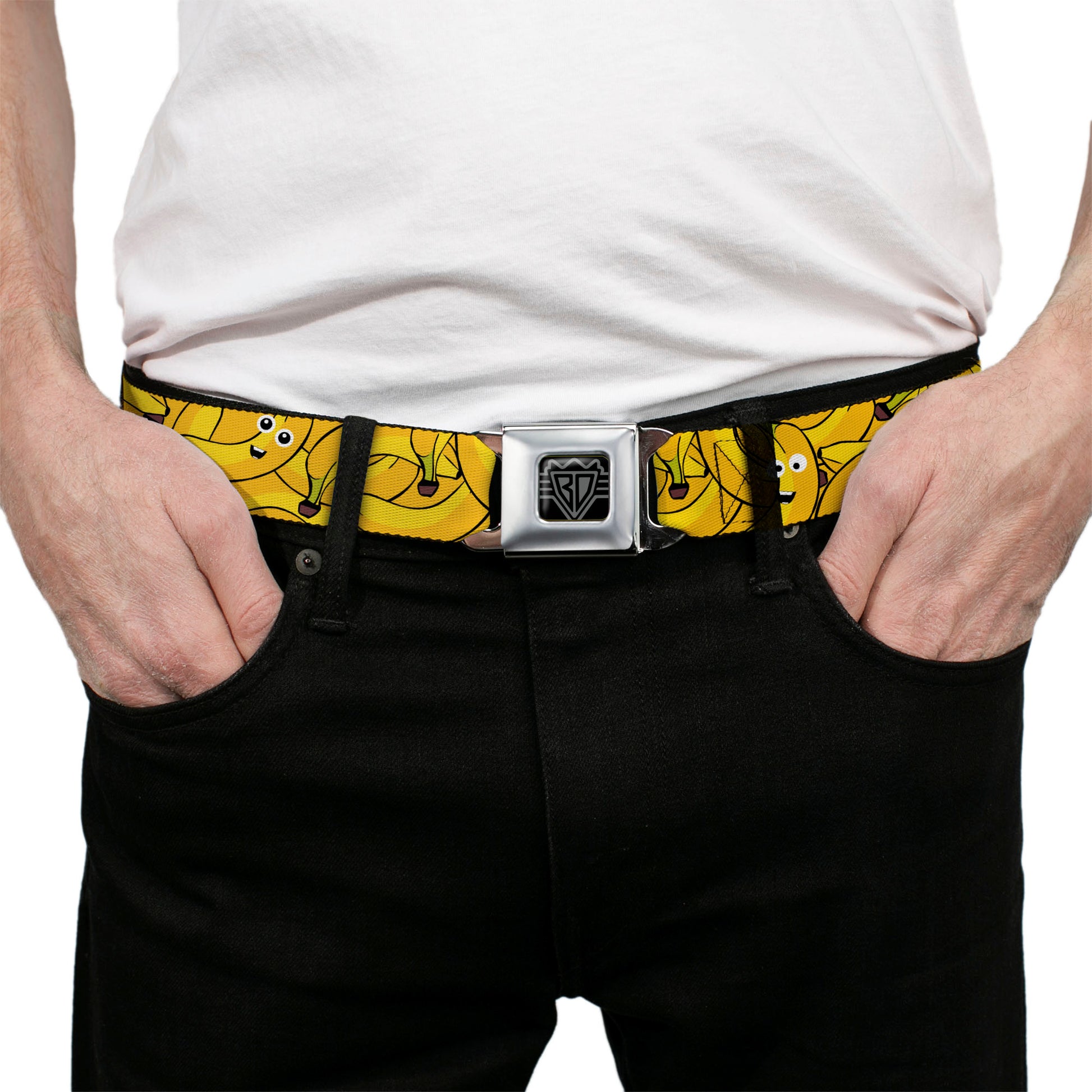 BD Wings Logo CLOSE-UP Full Color Black Silver Seatbelt Belt - Bananas Stacked Cartoon Yellows Webbing Seatbelt Belts Buckle-Down
