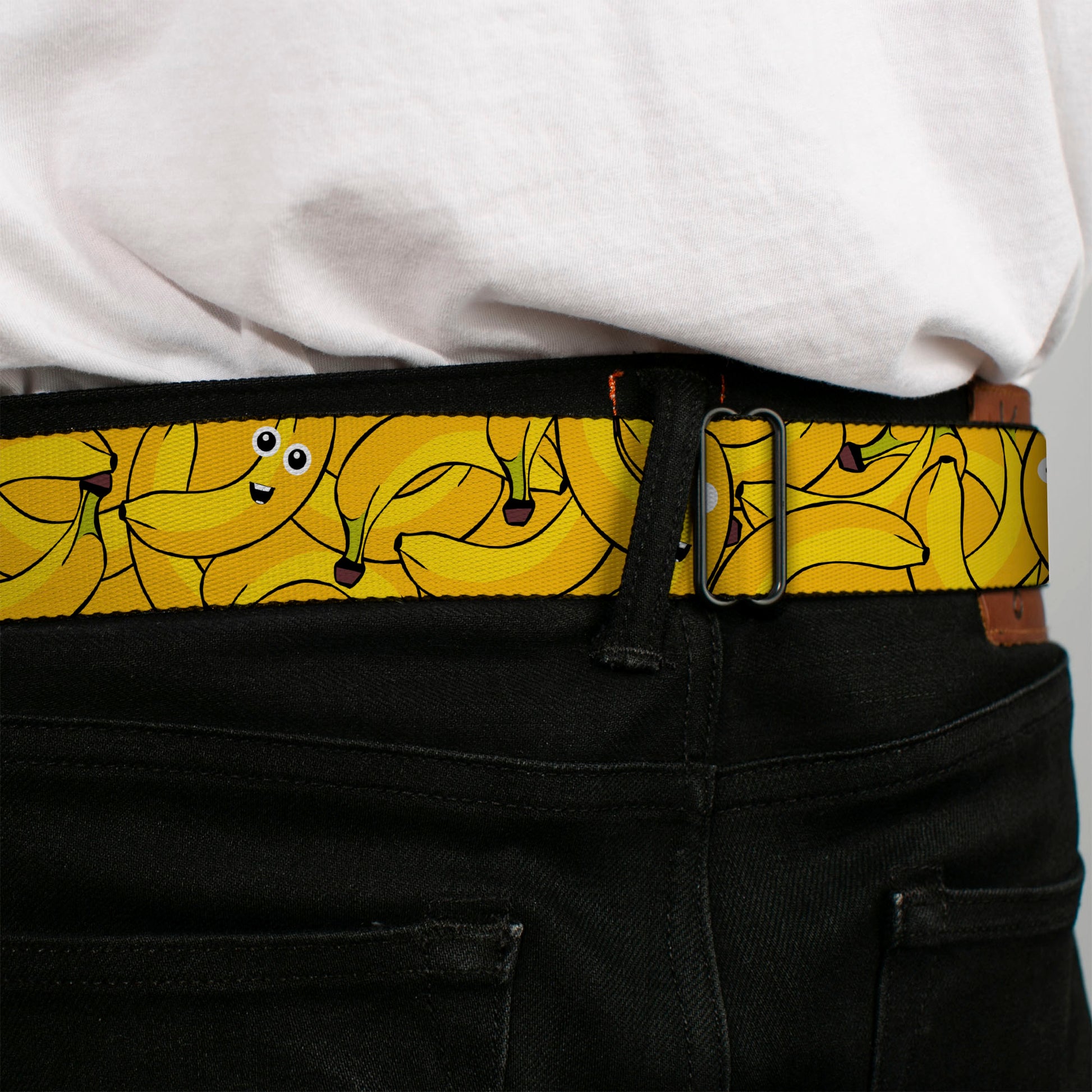 BD Wings Logo CLOSE-UP Full Color Black Silver Seatbelt Belt - Bananas Stacked Cartoon Yellows Webbing Seatbelt Belts Buckle-Down