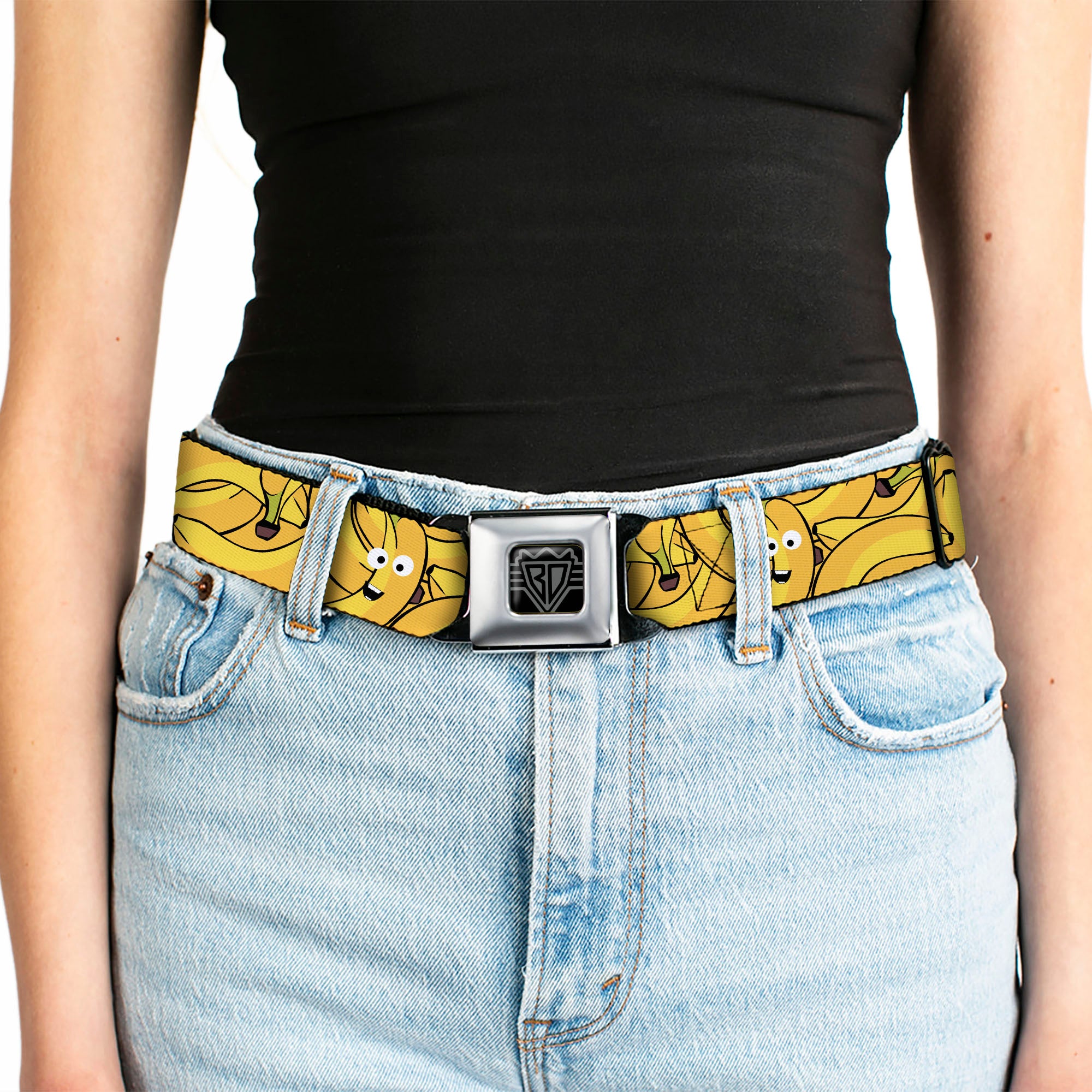 BD Wings Logo CLOSE-UP Full Color Black Silver Seatbelt Belt - Bananas Stacked Cartoon Yellows Webbing Seatbelt Belts Buckle-Down