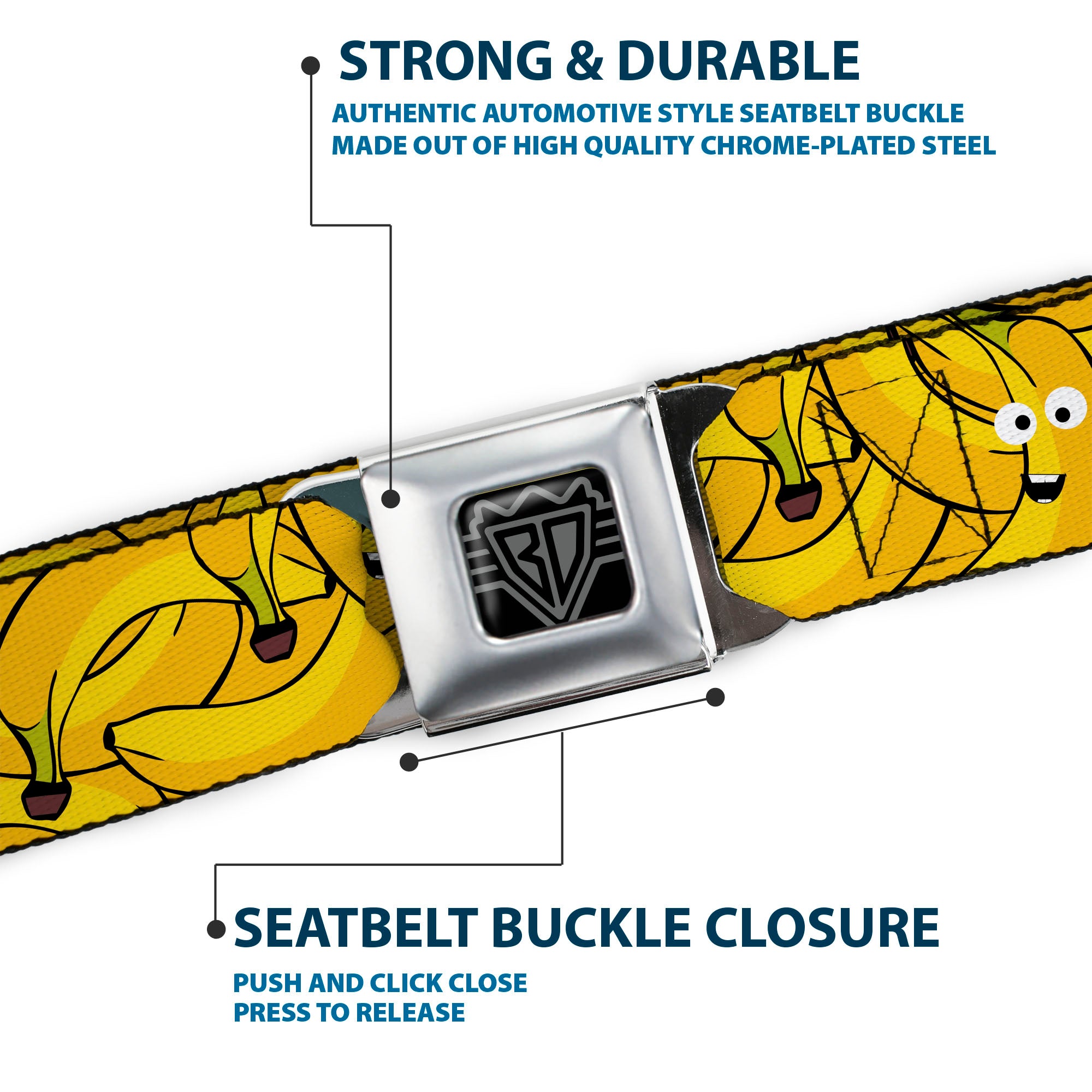 BD Wings Logo CLOSE-UP Full Color Black Silver Seatbelt Belt - Bananas Stacked Cartoon Yellows Webbing Seatbelt Belts Buckle-Down