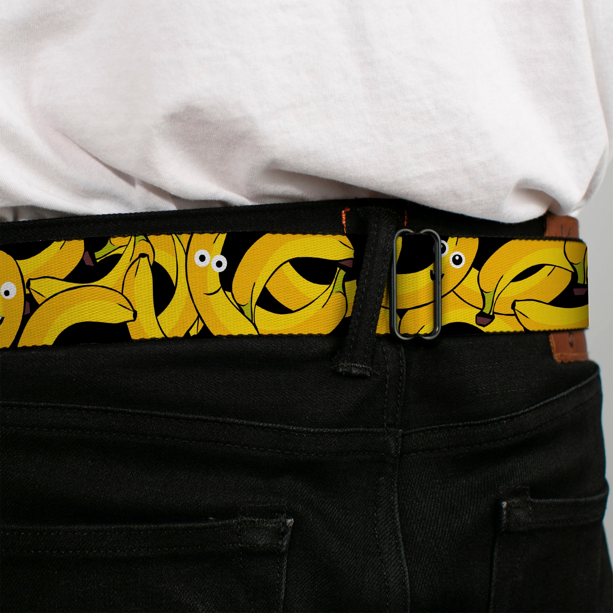BD Wings Logo CLOSE-UP Full Color Black Silver Seatbelt Belt - Bananas Stacked Cartoon Black//Yellows Webbing Seatbelt Belts Buckle-Down