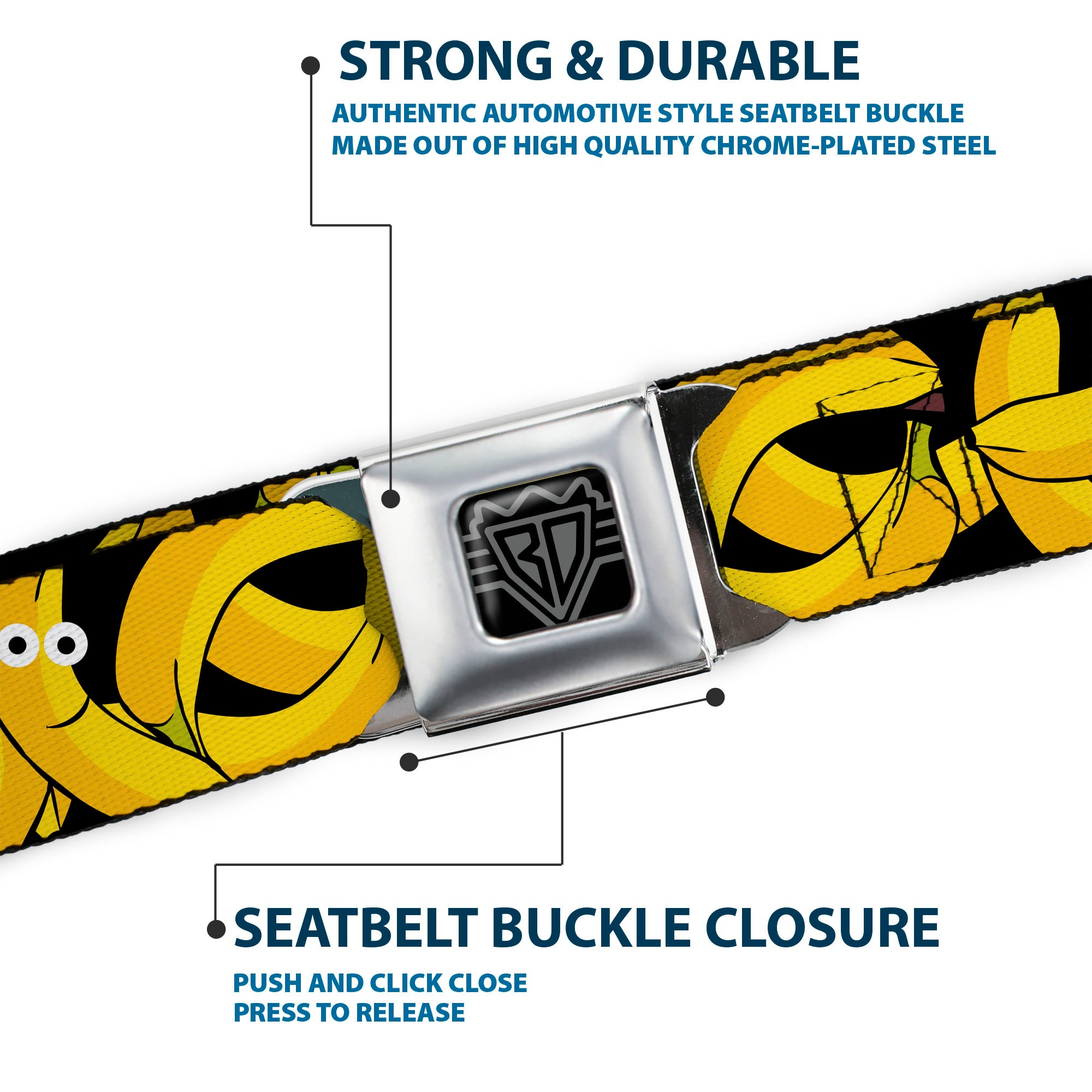 BD Wings Logo CLOSE-UP Full Color Black Silver Seatbelt Belt - Bananas Stacked Cartoon Black//Yellows Webbing Seatbelt Belts Buckle-Down