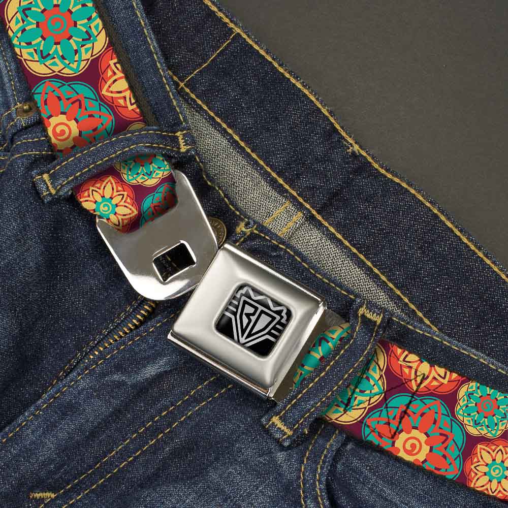 BD Wings Logo CLOSE-UP Full Color Black Silver Seatbelt Belt - Boho Mandala Burgundy/Yellow/Turquoise/Orange Webbing Seatbelt Belts Buckle-Down