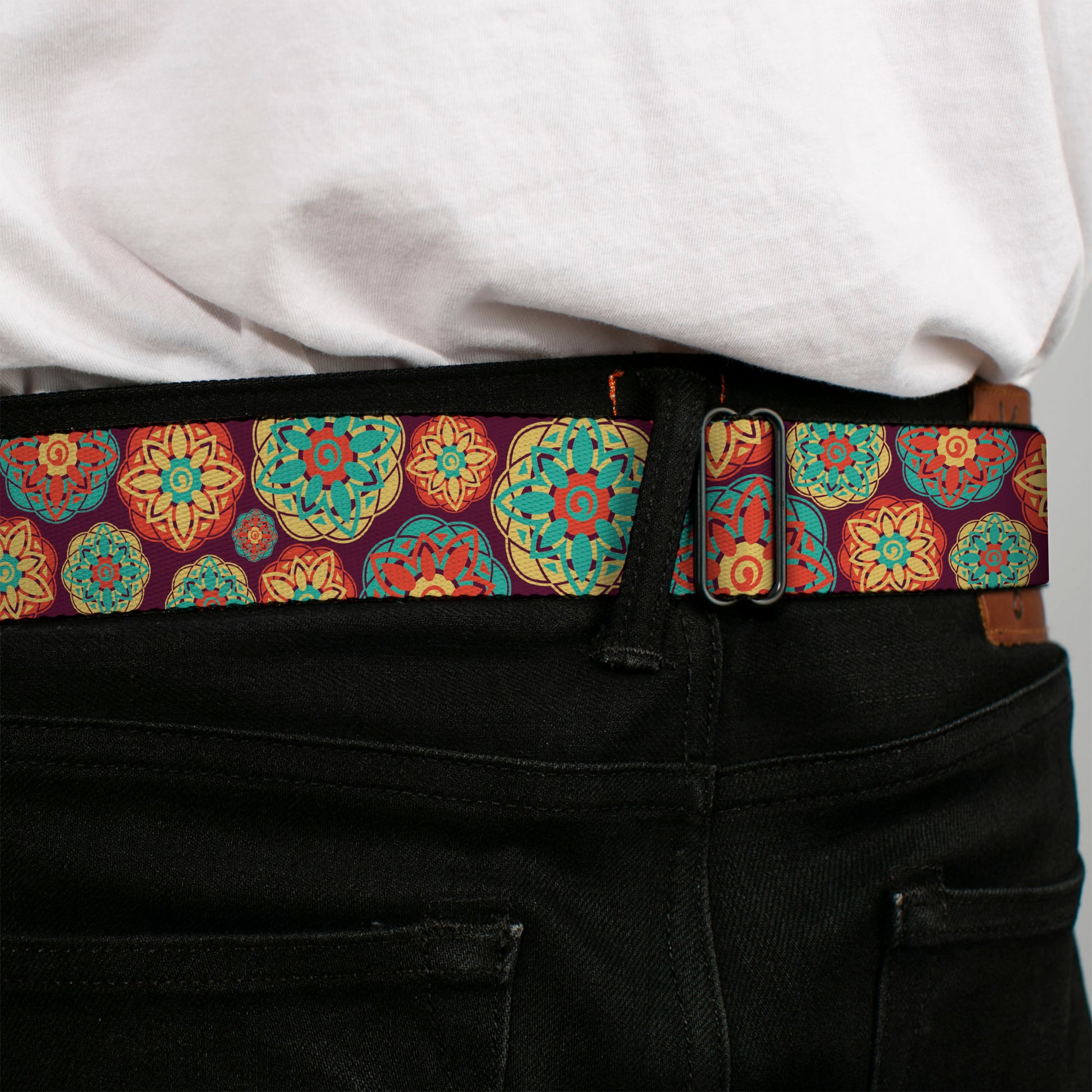 BD Wings Logo CLOSE-UP Full Color Black Silver Seatbelt Belt - Boho Mandala Burgundy/Yellow/Turquoise/Orange Webbing Seatbelt Belts Buckle-Down