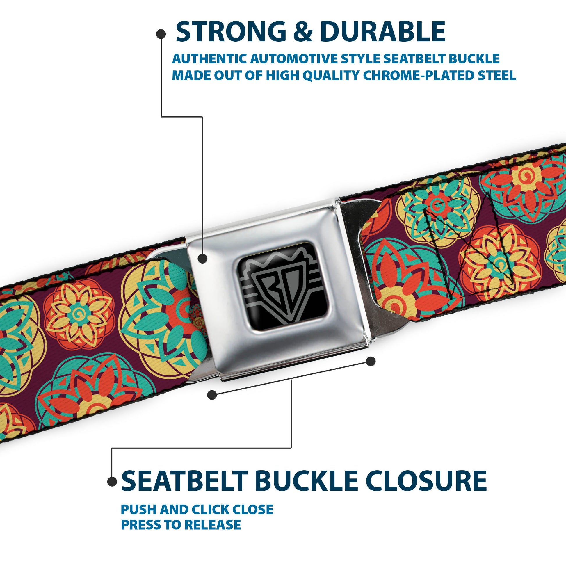 BD Wings Logo CLOSE-UP Full Color Black Silver Seatbelt Belt - Boho Mandala Burgundy/Yellow/Turquoise/Orange Webbing Seatbelt Belts Buckle-Down