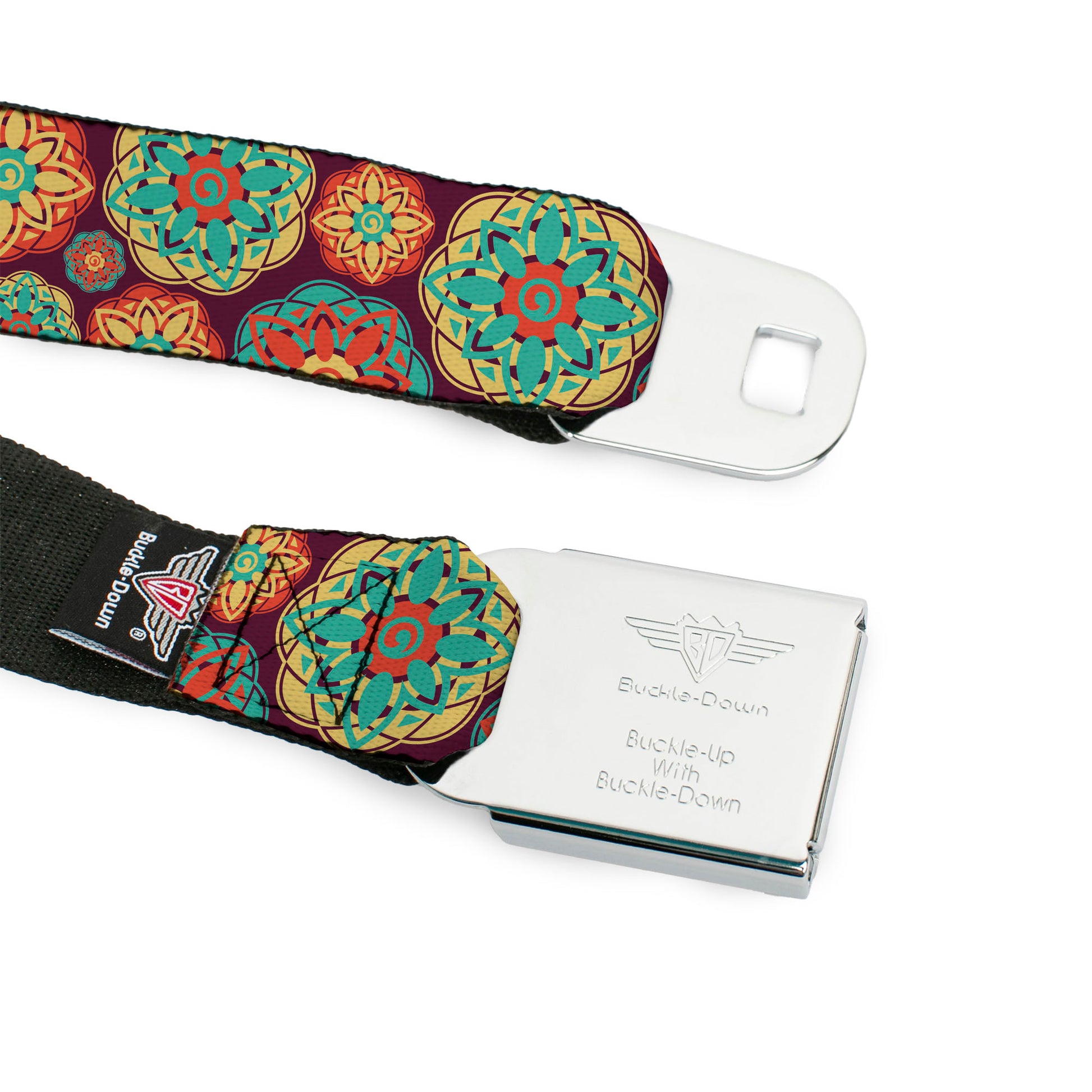 BD Wings Logo CLOSE-UP Full Color Black Silver Seatbelt Belt - Boho Mandala Burgundy/Yellow/Turquoise/Orange Webbing Seatbelt Belts Buckle-Down
