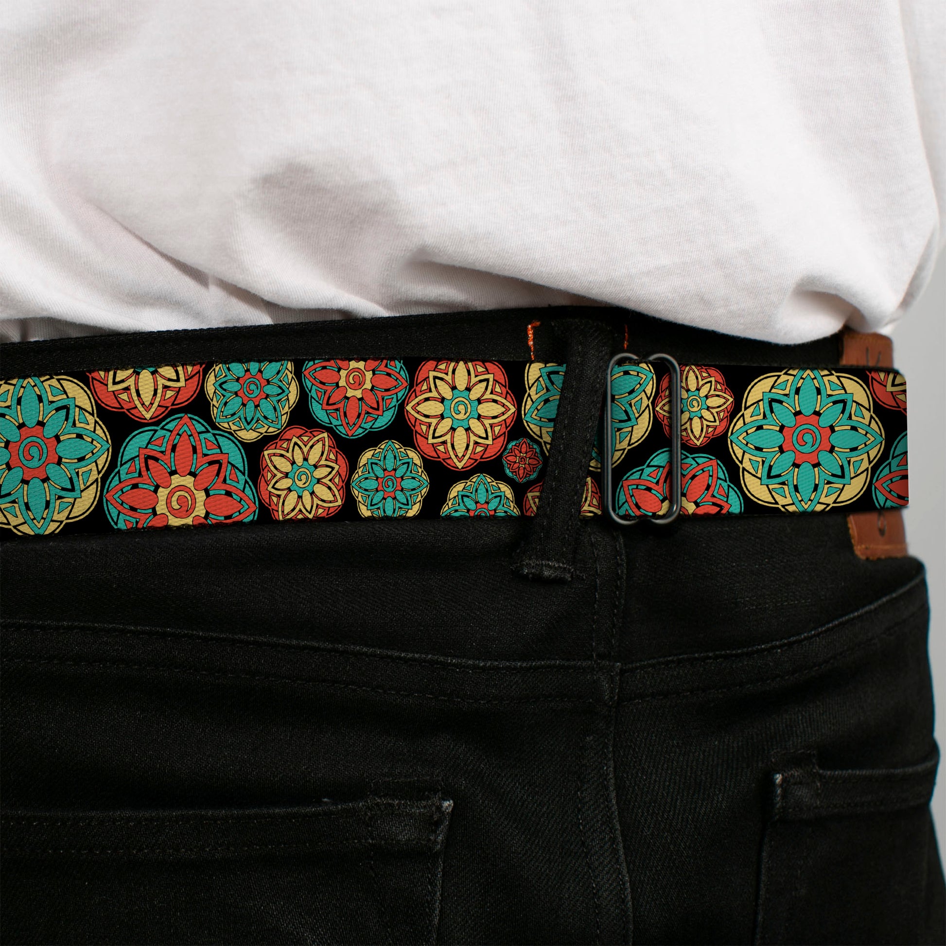 BD Wings Logo CLOSE-UP Full Color Black Silver Seatbelt Belt - Boho Mandala Black/Yellow/Turquoise/Orange Webbing Seatbelt Belts Buckle-Down