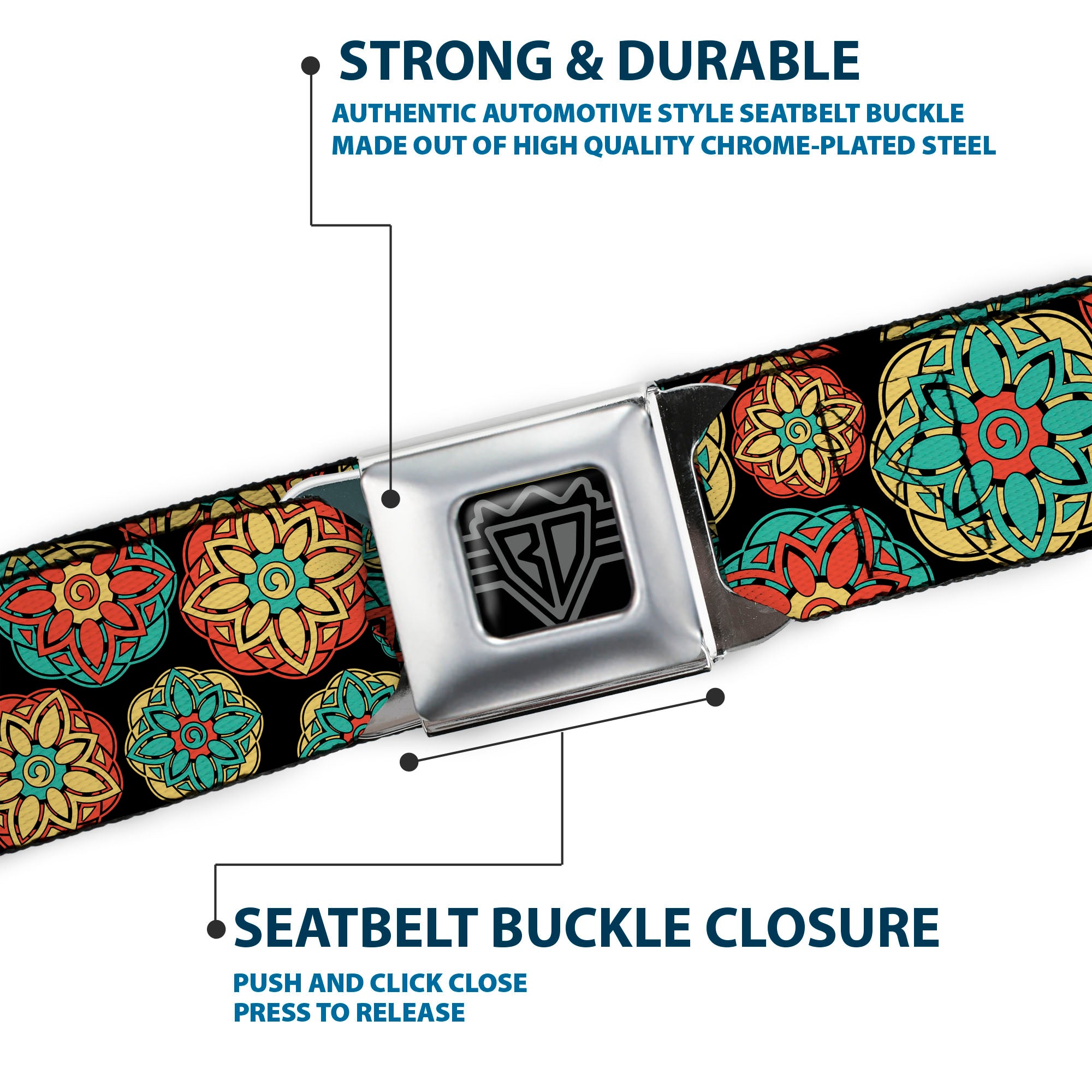 BD Wings Logo CLOSE-UP Full Color Black Silver Seatbelt Belt - Boho Mandala Black/Yellow/Turquoise/Orange Webbing Seatbelt Belts Buckle-Down