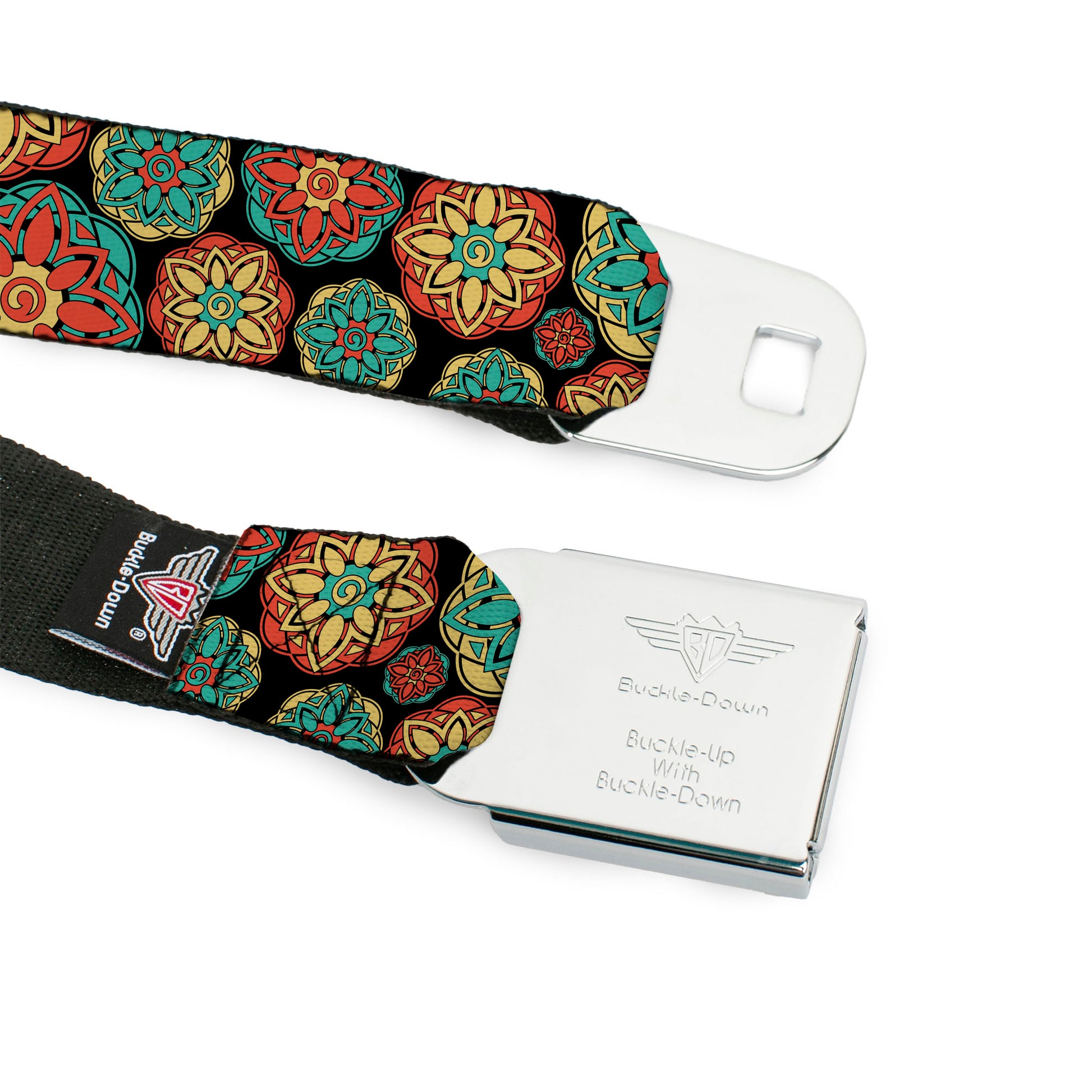 BD Wings Logo CLOSE-UP Full Color Black Silver Seatbelt Belt - Boho Mandala Black/Yellow/Turquoise/Orange Webbing Seatbelt Belts Buckle-Down