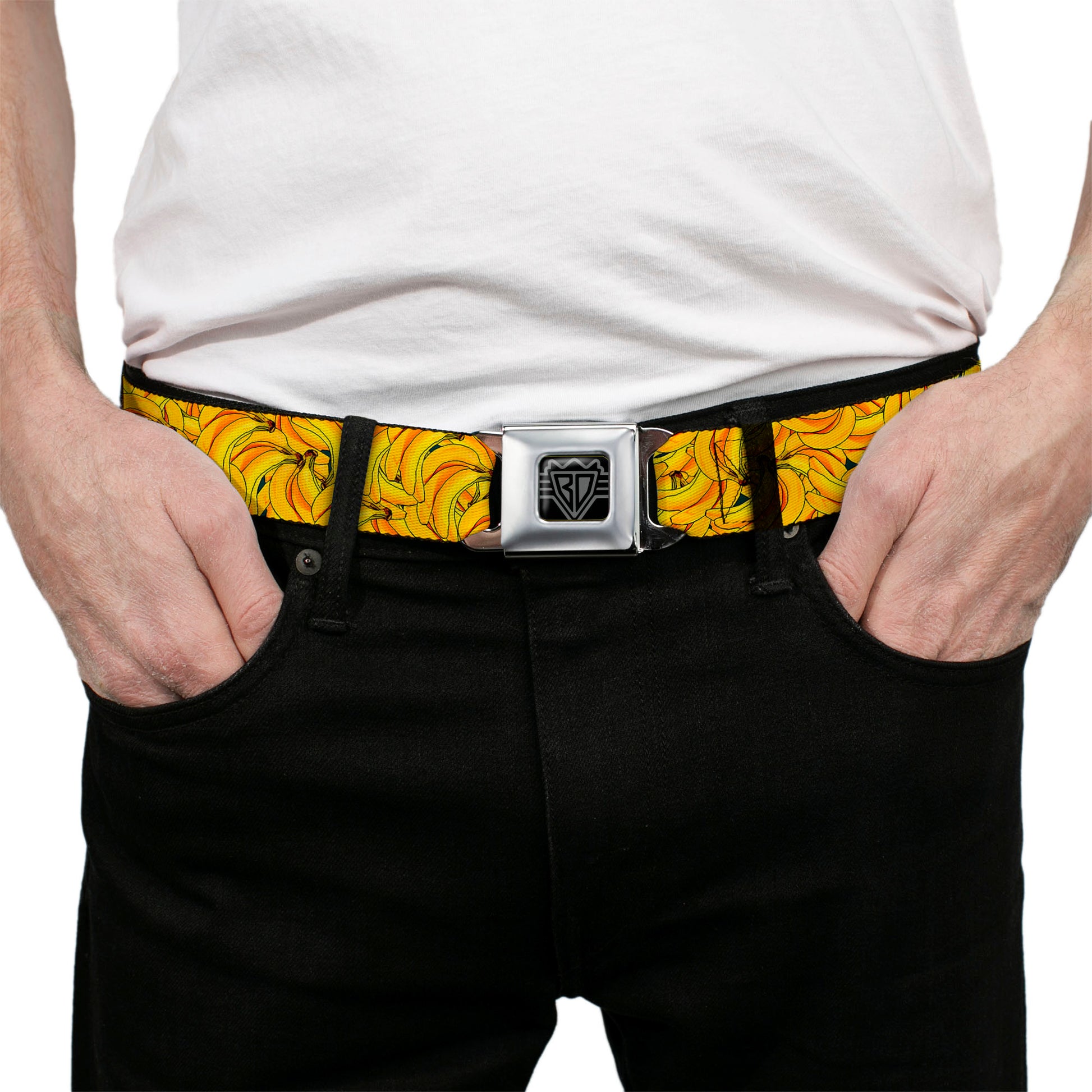 BD Wings Logo CLOSE-UP Full Color Black Silver Seatbelt Belt - Banana Bunches Stacked Webbing Seatbelt Belts Buckle-Down