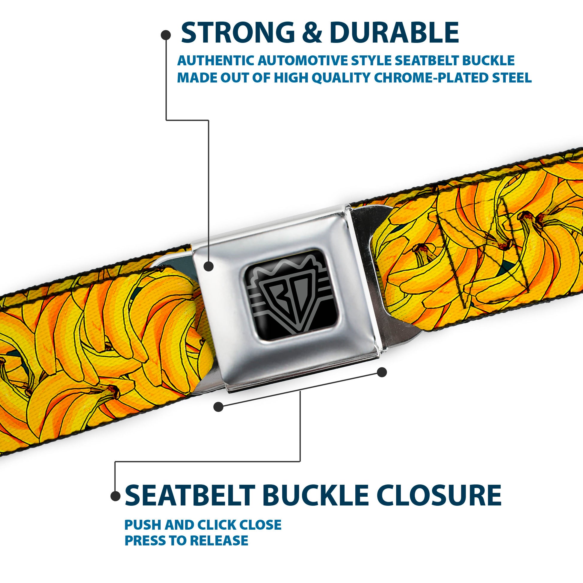 BD Wings Logo CLOSE-UP Full Color Black Silver Seatbelt Belt - Banana Bunches Stacked Webbing Seatbelt Belts Buckle-Down