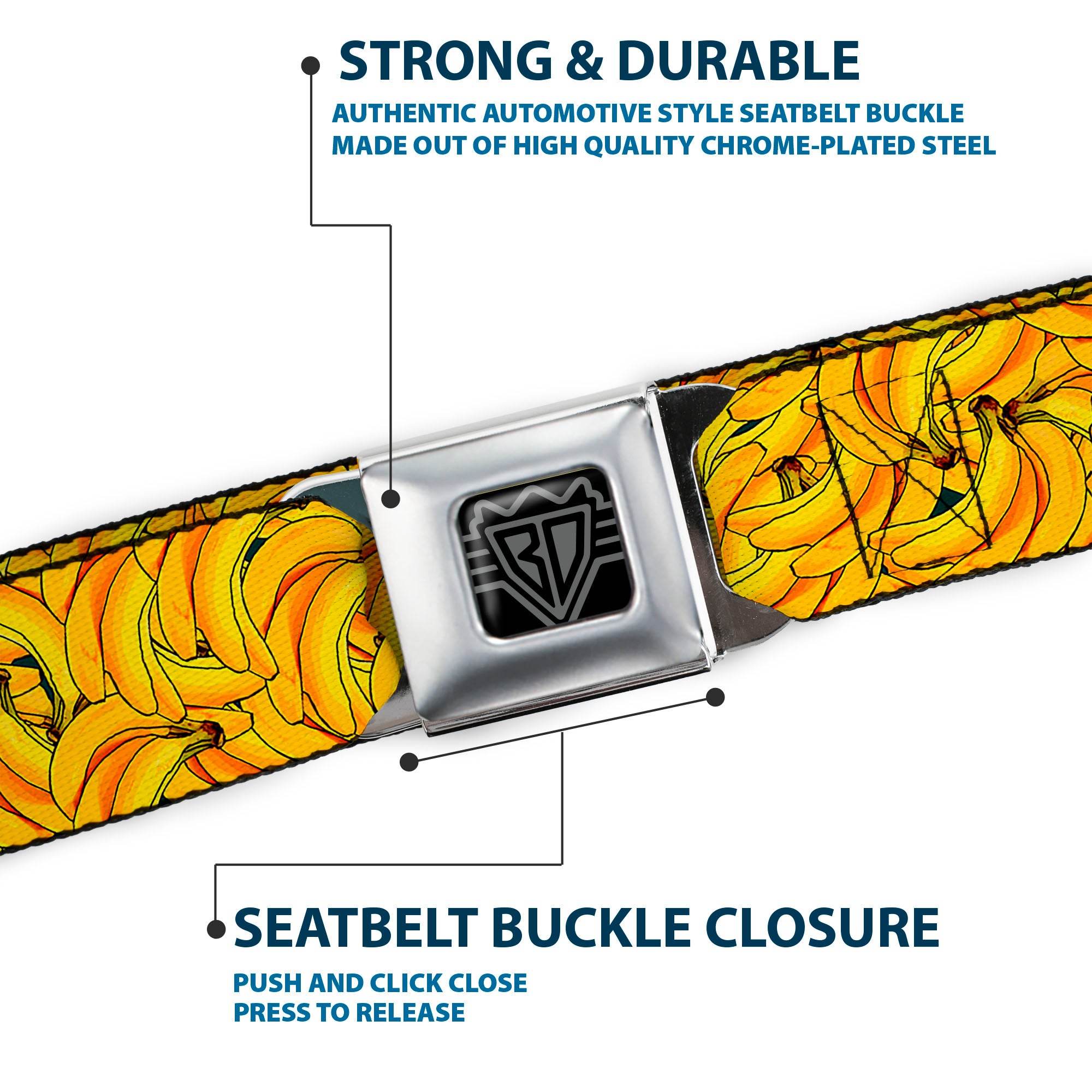 BD Wings Logo CLOSE-UP Full Color Black Silver Seatbelt Belt - Banana Bunches Stacked Webbing Seatbelt Belts Buckle-Down