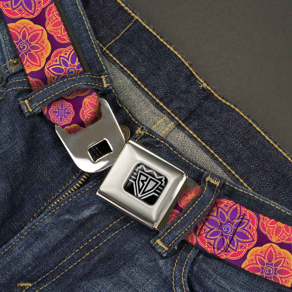 BD Wings Logo CLOSE-UP Full Color Black Silver Seatbelt Belt - Boho Mandala Purples/Oranges/Pinks Webbing Seatbelt Belts Buckle-Down