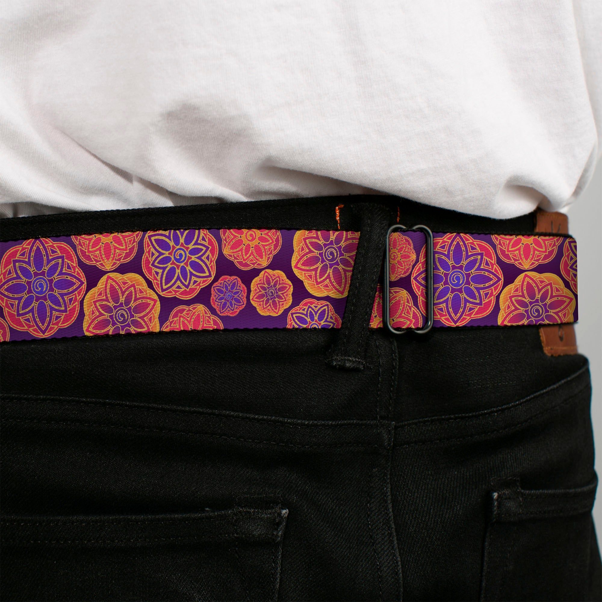 BD Wings Logo CLOSE-UP Full Color Black Silver Seatbelt Belt - Boho Mandala Purples/Oranges/Pinks Webbing Seatbelt Belts Buckle-Down