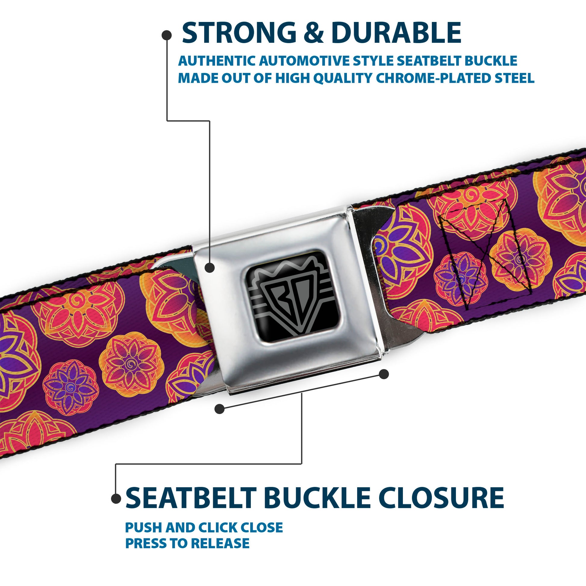 BD Wings Logo CLOSE-UP Full Color Black Silver Seatbelt Belt - Boho Mandala Purples/Oranges/Pinks Webbing Seatbelt Belts Buckle-Down