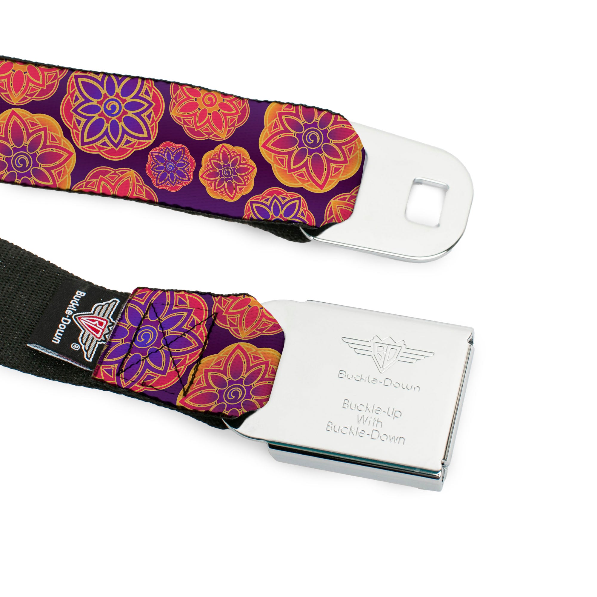 BD Wings Logo CLOSE-UP Full Color Black Silver Seatbelt Belt - Boho Mandala Purples/Oranges/Pinks Webbing Seatbelt Belts Buckle-Down