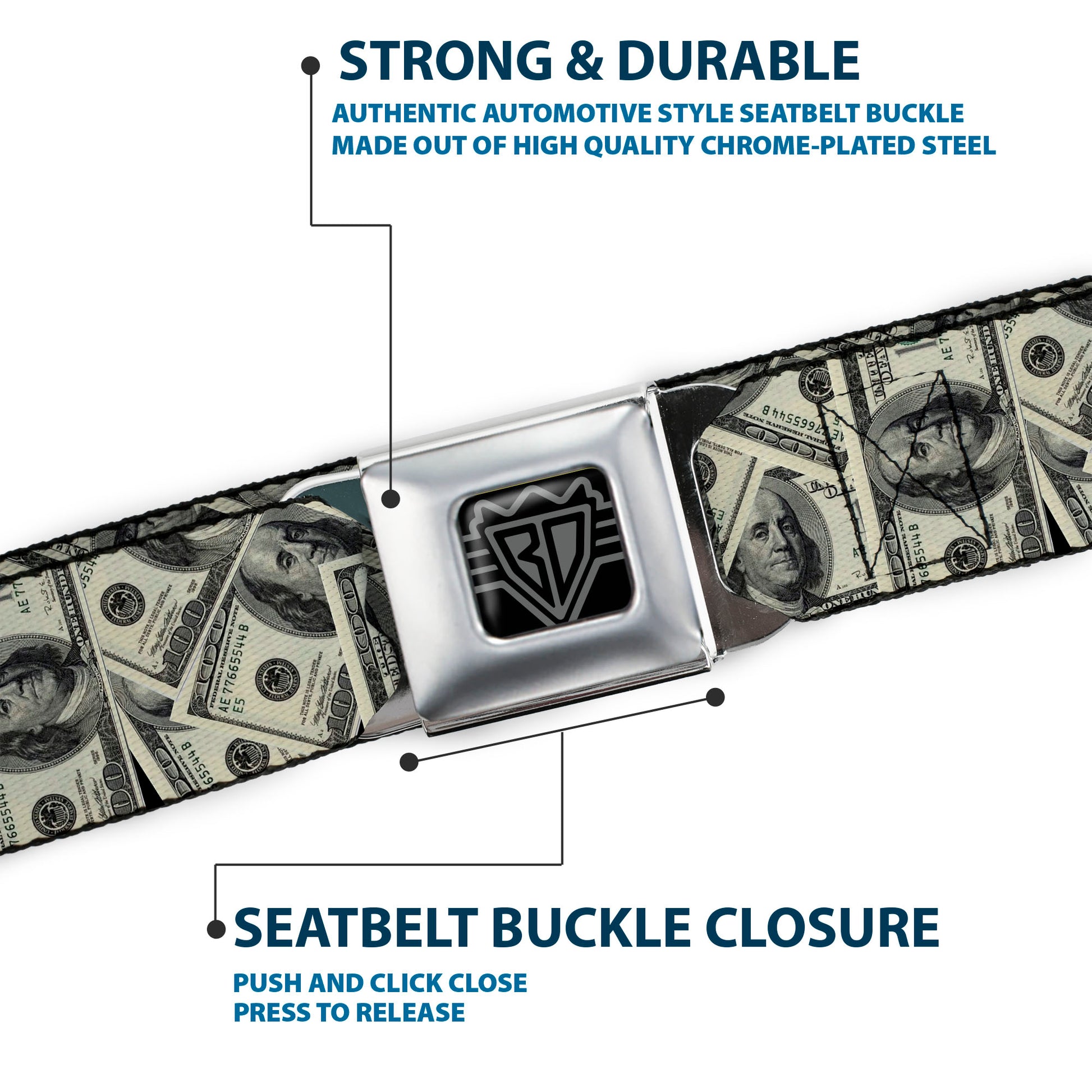 BD Wings Logo CLOSE-UP Full Color Black Silver Seatbelt Belt - Benjamins2 Stacked Webbing Seatbelt Belts Buckle-Down